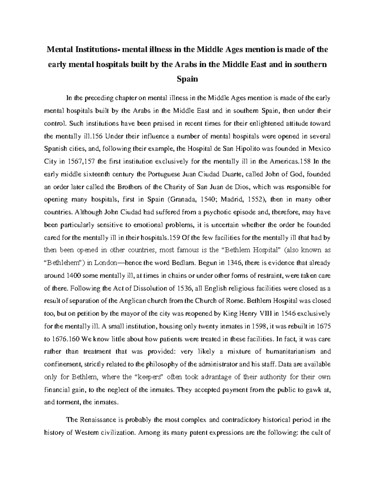 Mental Institutions- mental illness in the Middle Ages mention is made ...