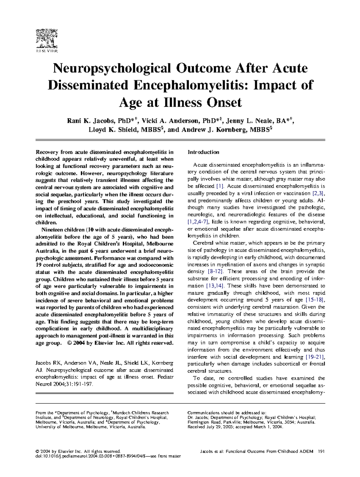 Jacobs 2004 - Neuropsychological Outcome After Acute Disseminated ...