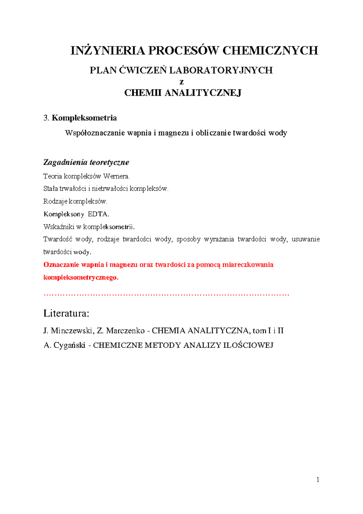 Kompleksometria - 1 INŻYNIERIA PROCESÓW CHEMICZNYCH PLAN ĆWICZEŃ