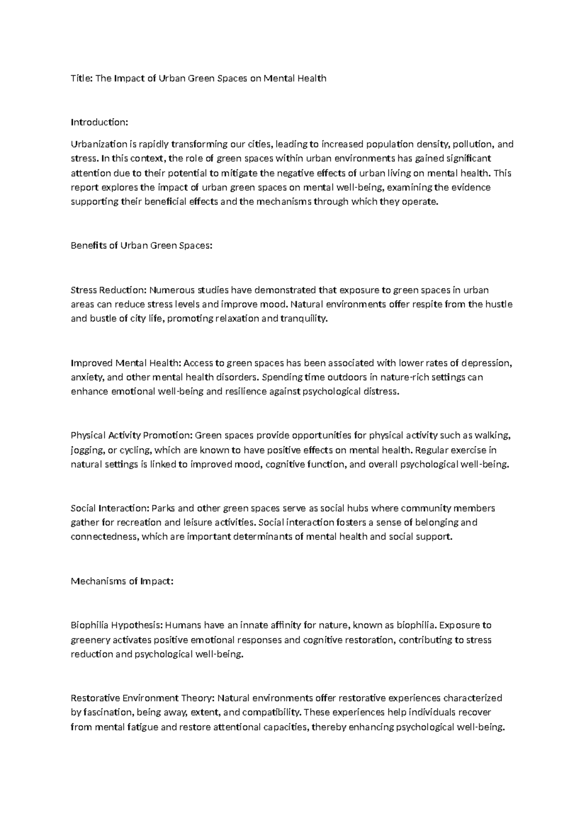 The Impact of Urban Green Spaces on Mental Health - Title: The Impact ...