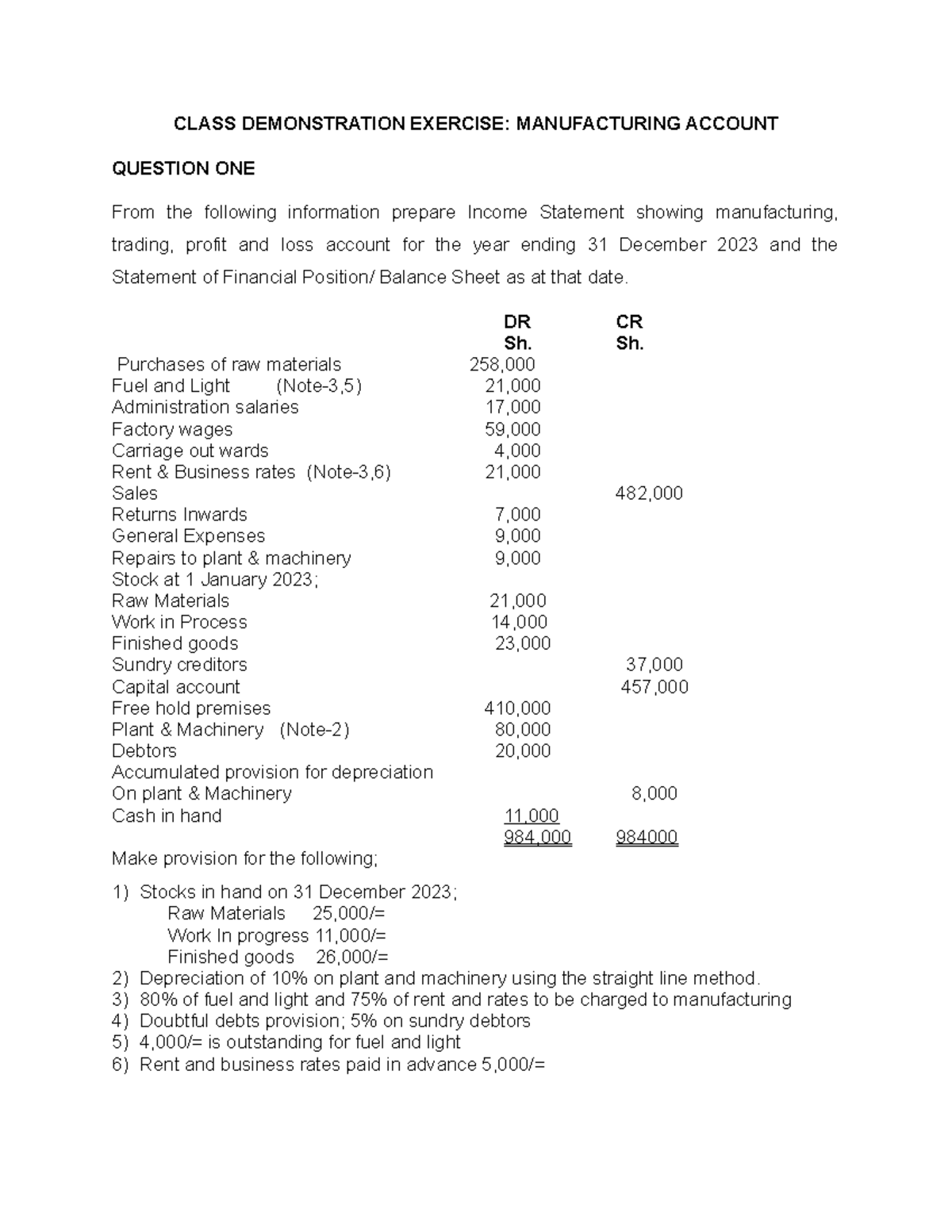 Manufacturing Account Q AND A - CLASS DEMONSTRATION EXERCISE ...