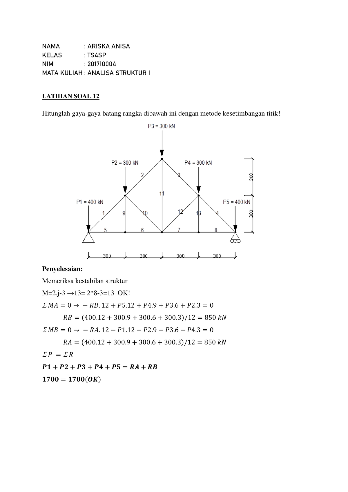 Analisa Struktur 1 Latihan SOAL12 - NAMA : ARISKA ANISA KELAS : TS4SP ...