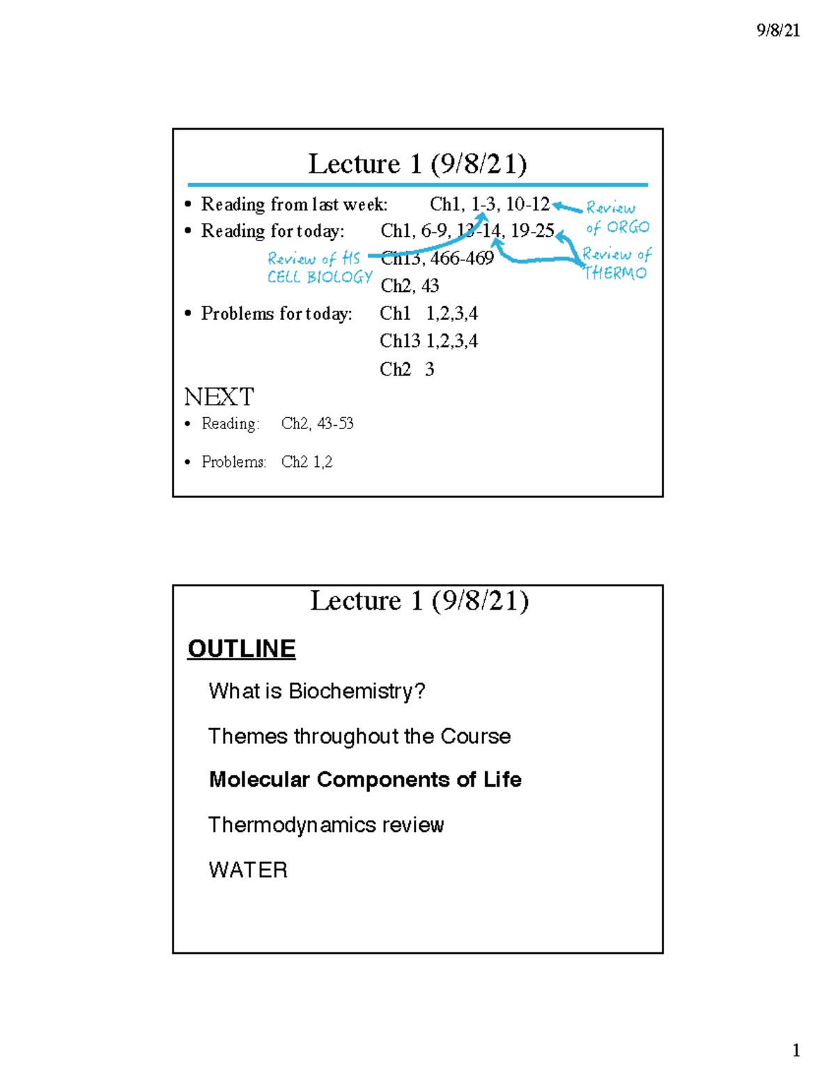 Biochem 2021 #1 - Lecture 1 Reading from last week: Ch1, Reading for ...