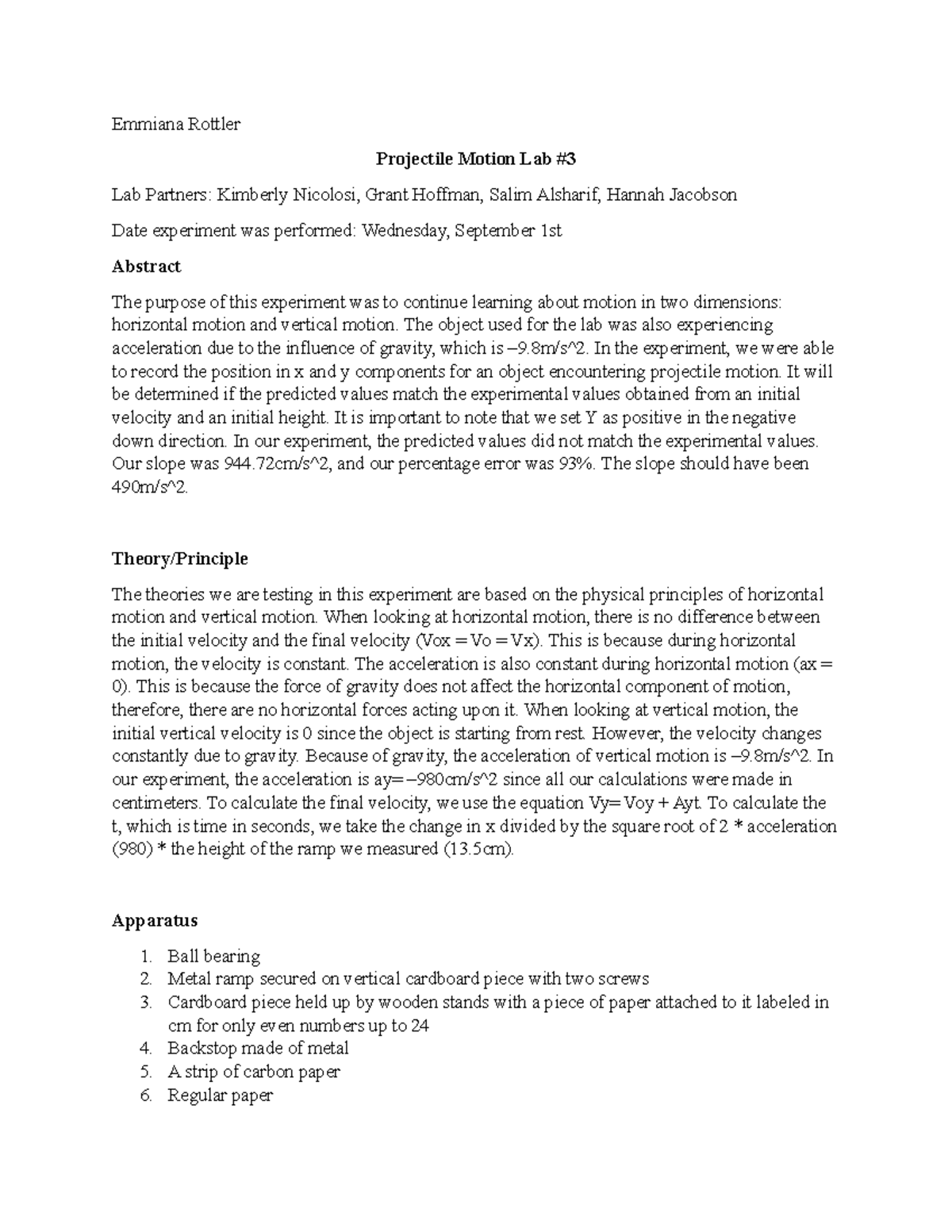 Projectile Motion Lab #3 Lab Report - Emmiana Rottler Projectile Motion ...