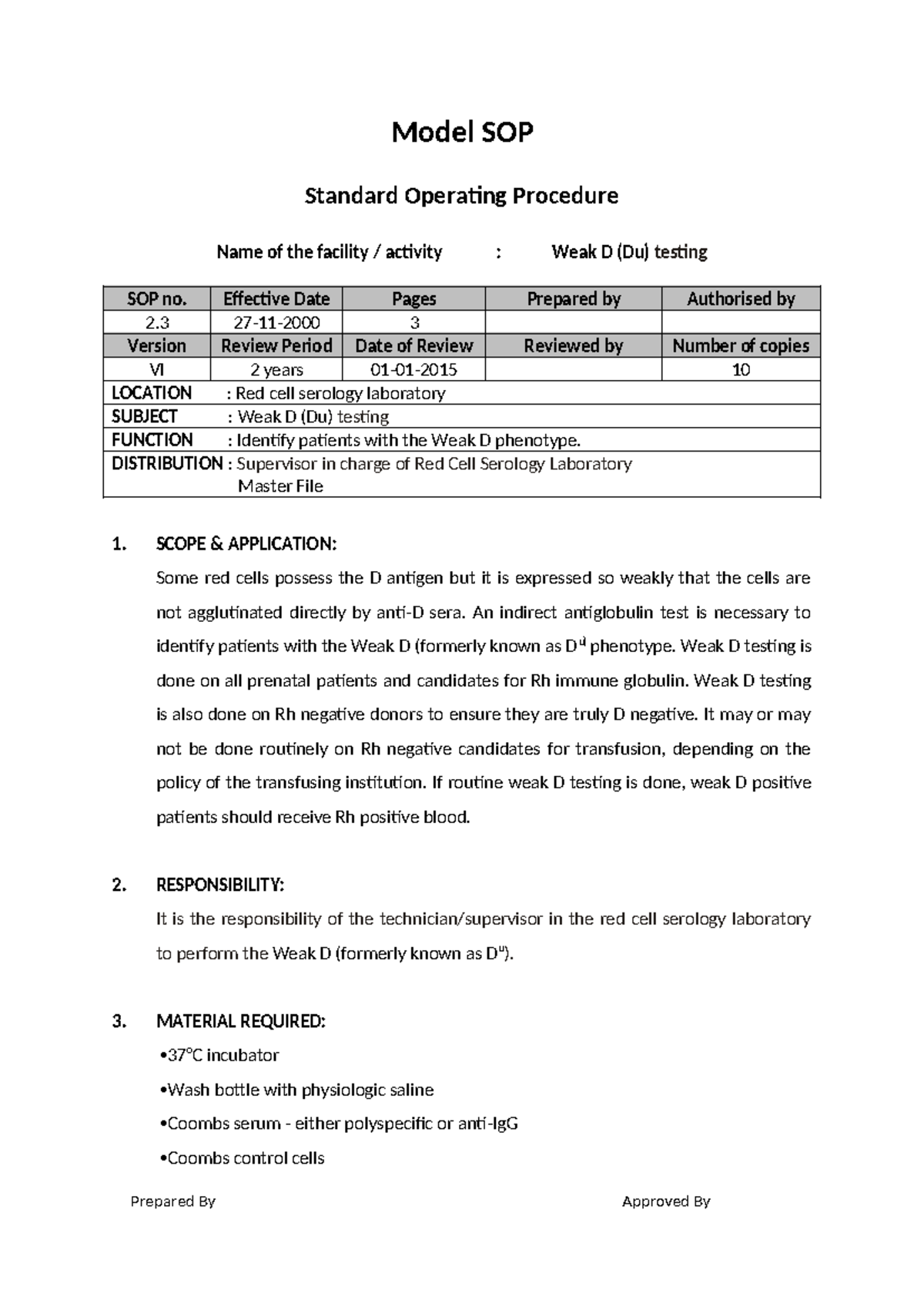 2.3 Du testing GNHFN Model SOP Standard Operating Procedure Name of