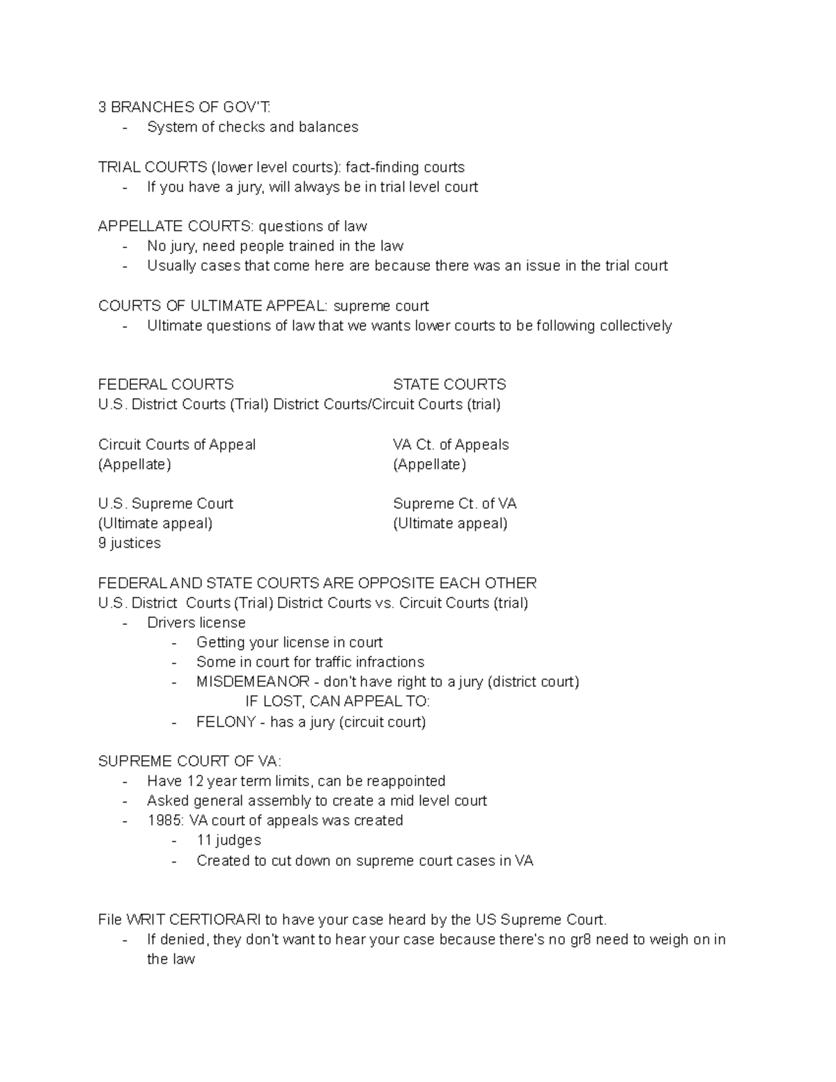 RULE OF LAW - Lecture notes 5 - 3 BRANCHES OF System of checks and ...
