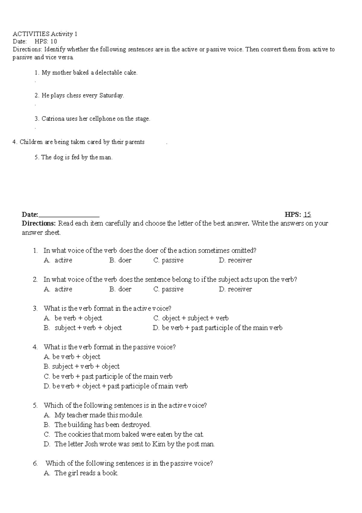 QUIZ IN English 7 Q1W3 - quiz - ACTIVITIES Activity 1 Date: HPS: 10 ...