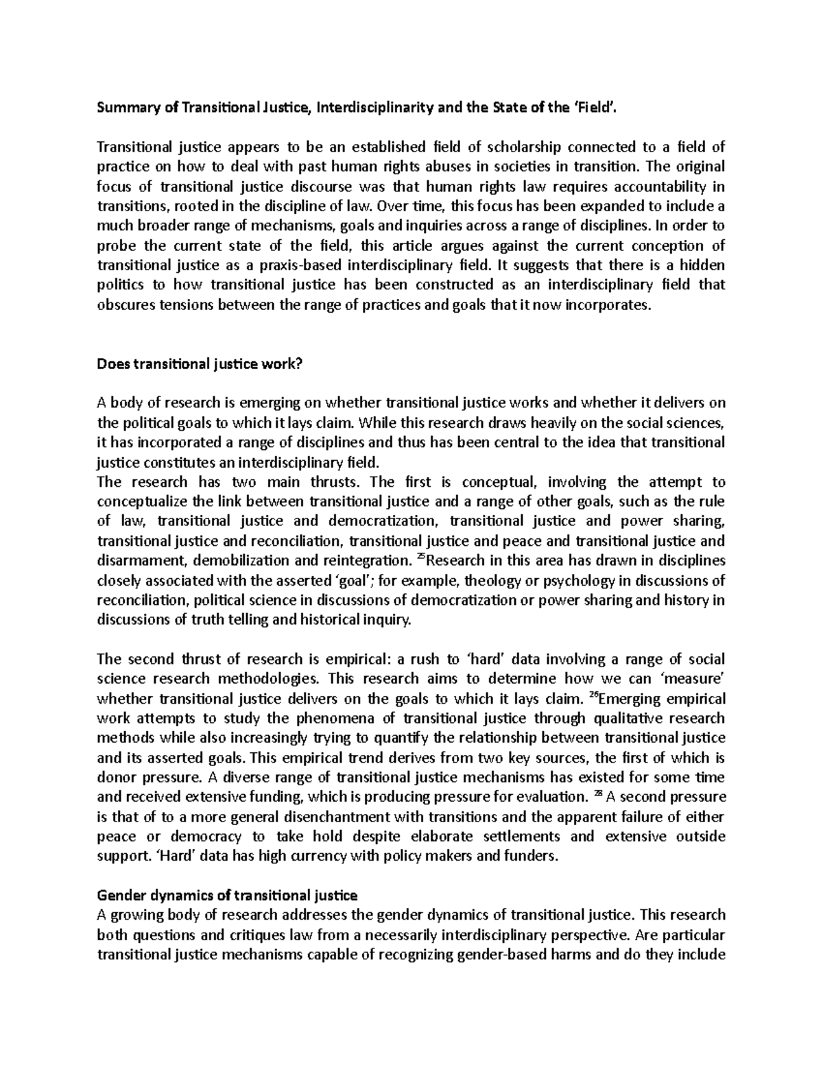 Summary of Transitional Justice - Transitional justice appears to be an ...