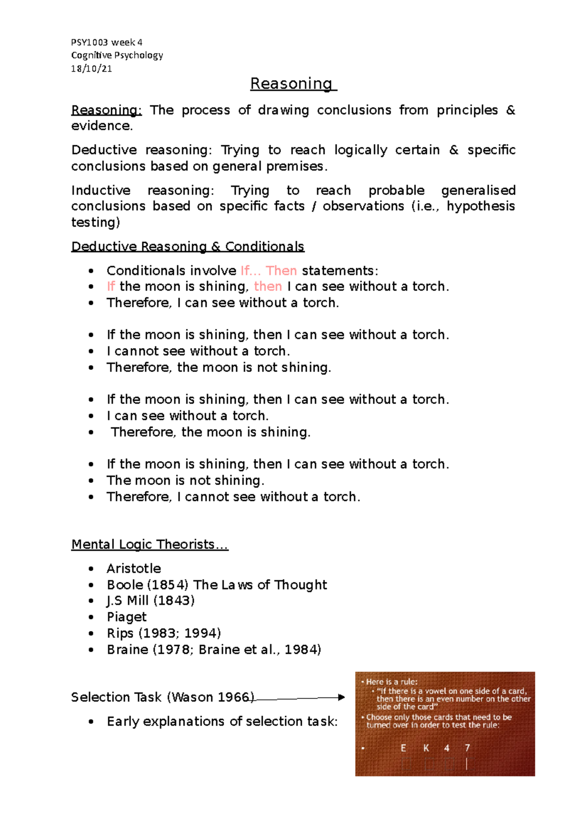 Reasoning - Cognitive Psychology 18/10/ Reasoning Reasoning: The ...