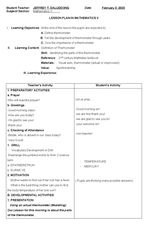 LESSON PLAN IN MATHEMATICS 5 - Student Teacher: JEFFREY T. DALUDDONG ...