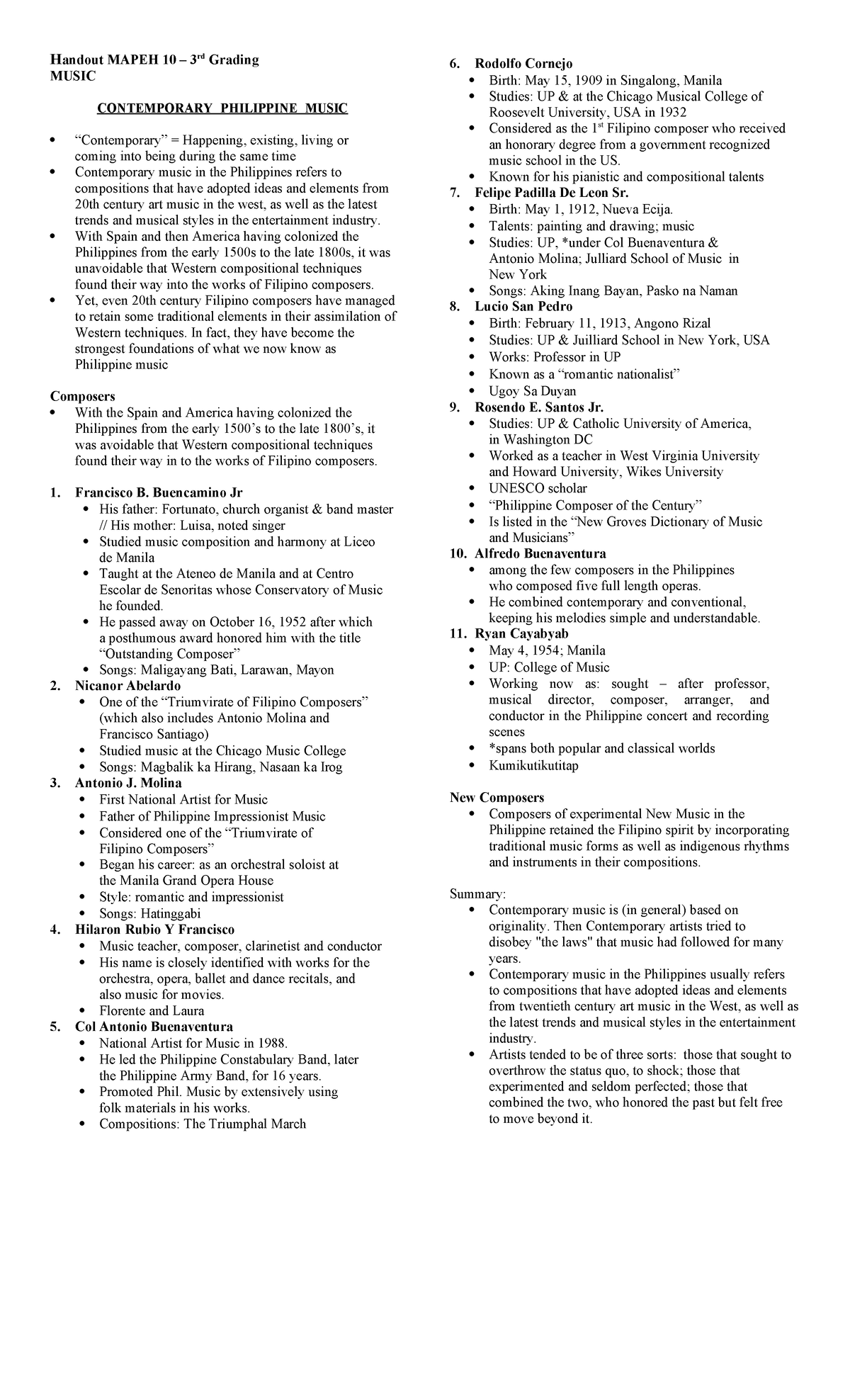 Mapeh 10 handout 3 - notes module - Handout MAPEH 10 – 3 rd Grading ...