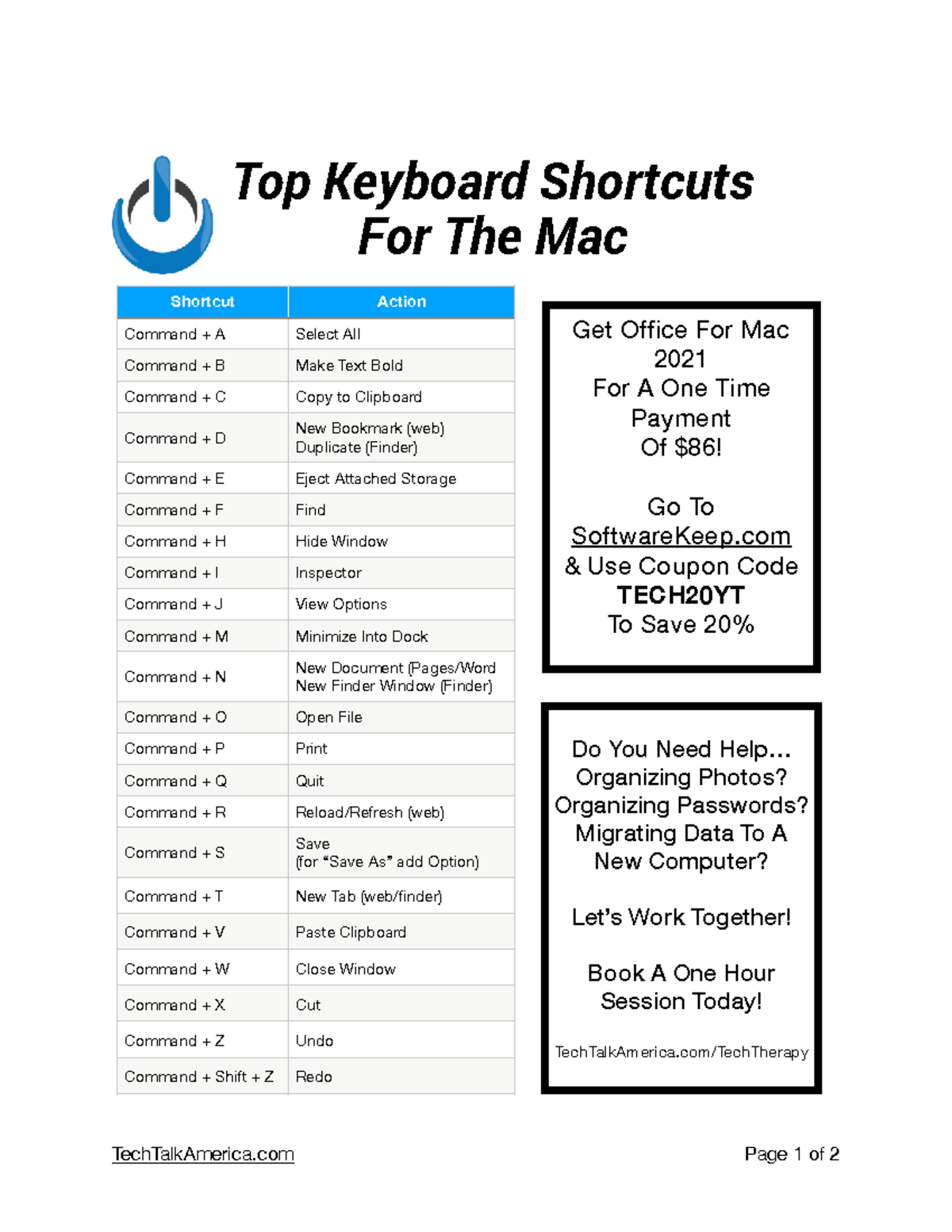 Keyboard Shortcuts - TechTalkAmerica Page 1 of 2 Shortcut Action ...