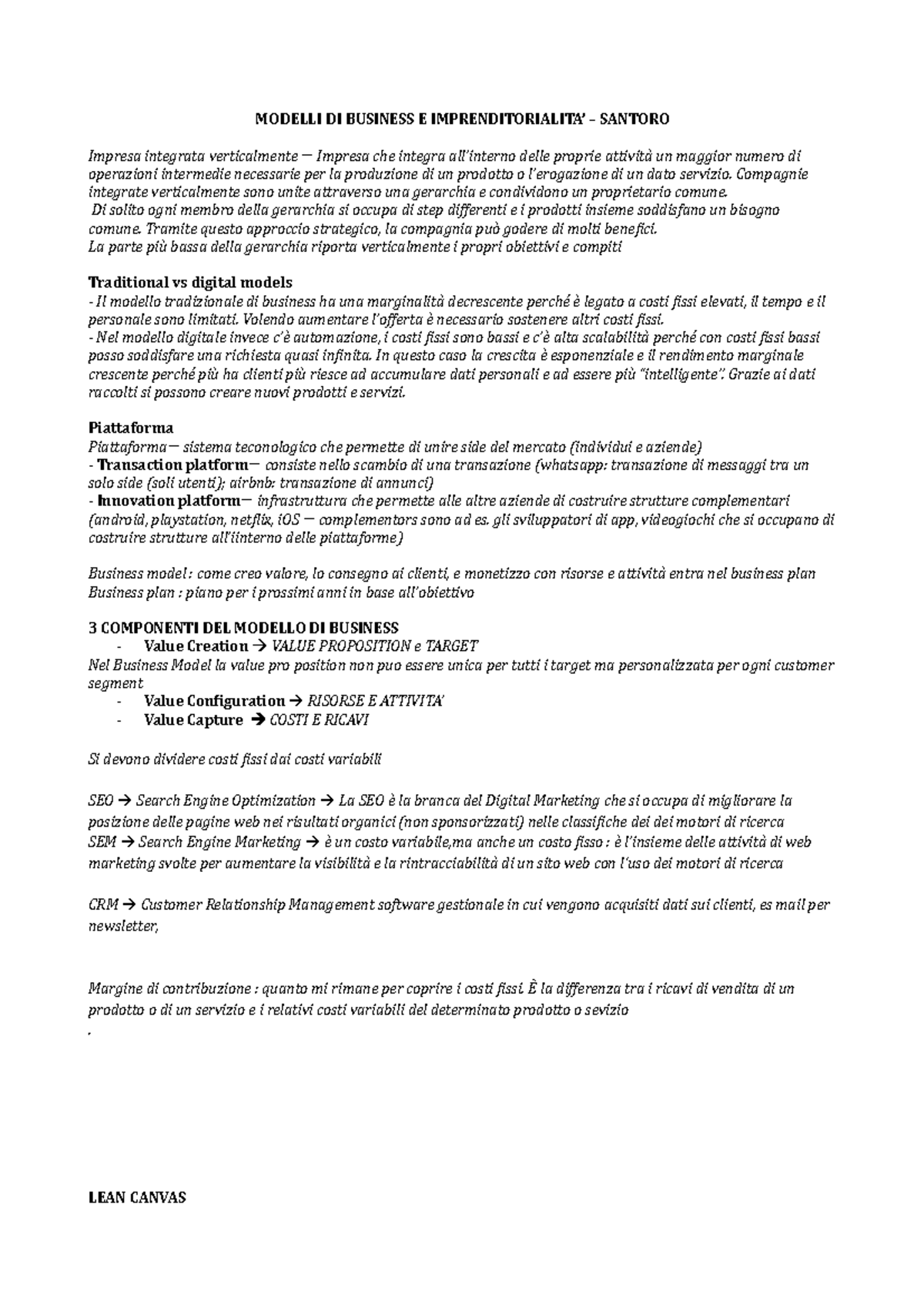 APPUNTI PROF. SANTORO MODELLI DI BUSINESS E IMPRENDITORIALITA