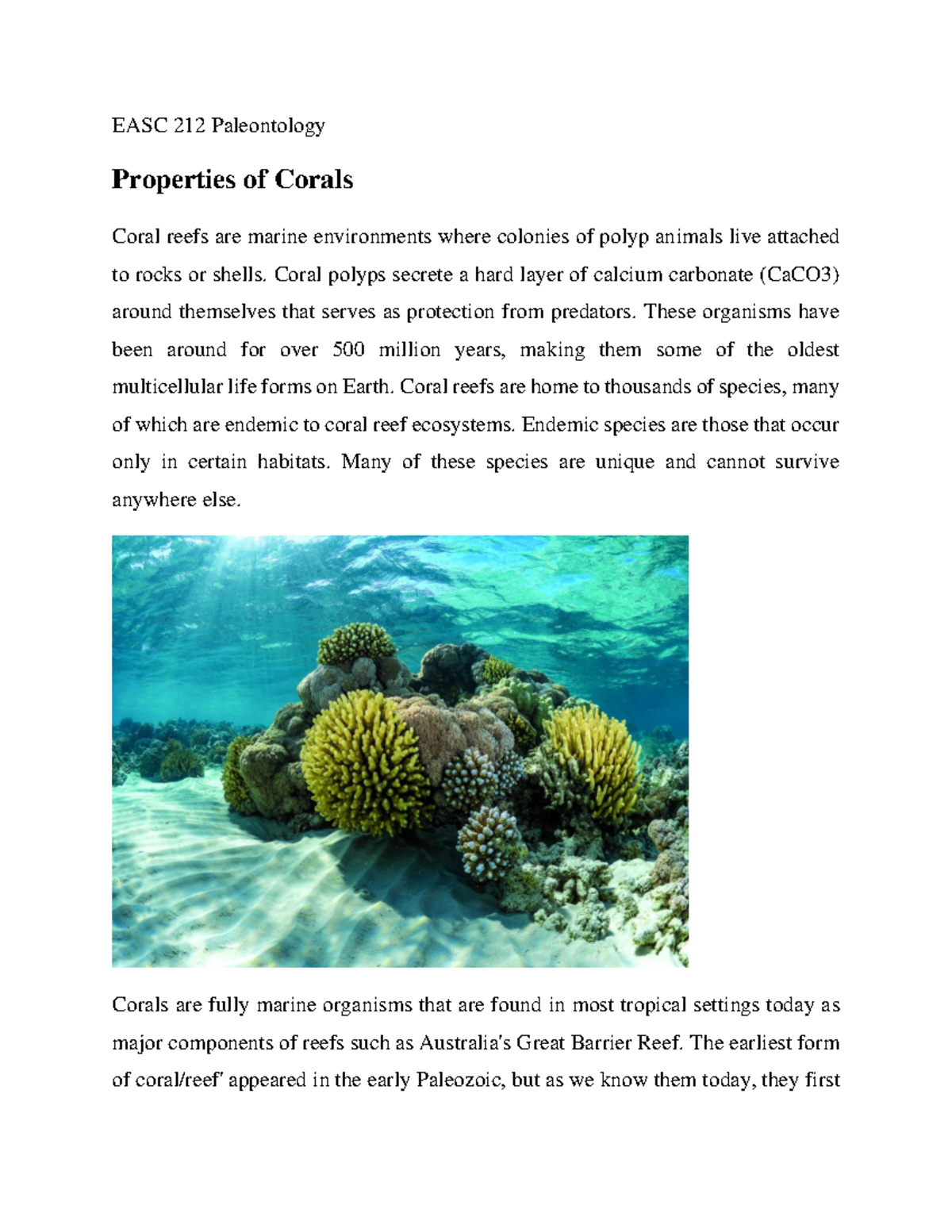 Corals notes EASC 212 Paleontology Properties of Corals Coral reefs