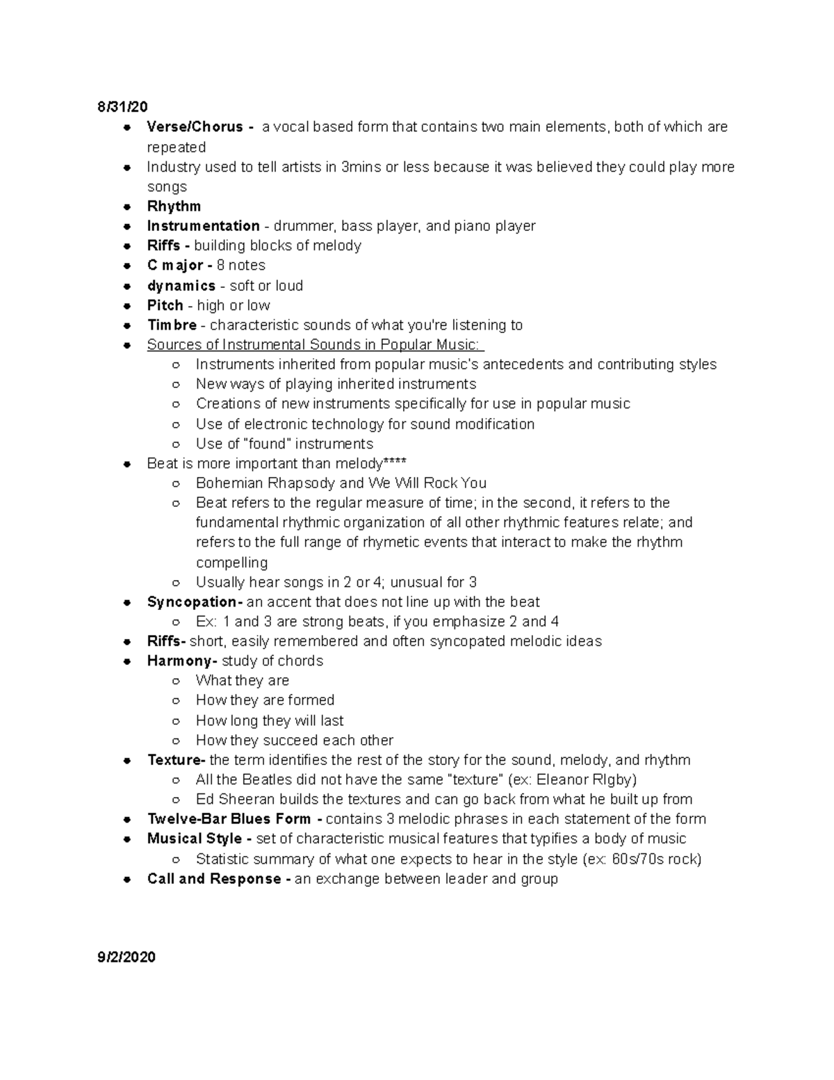 MUS 304 notes - 8/31/ Verse/Chorus - a vocal based form that contains ...