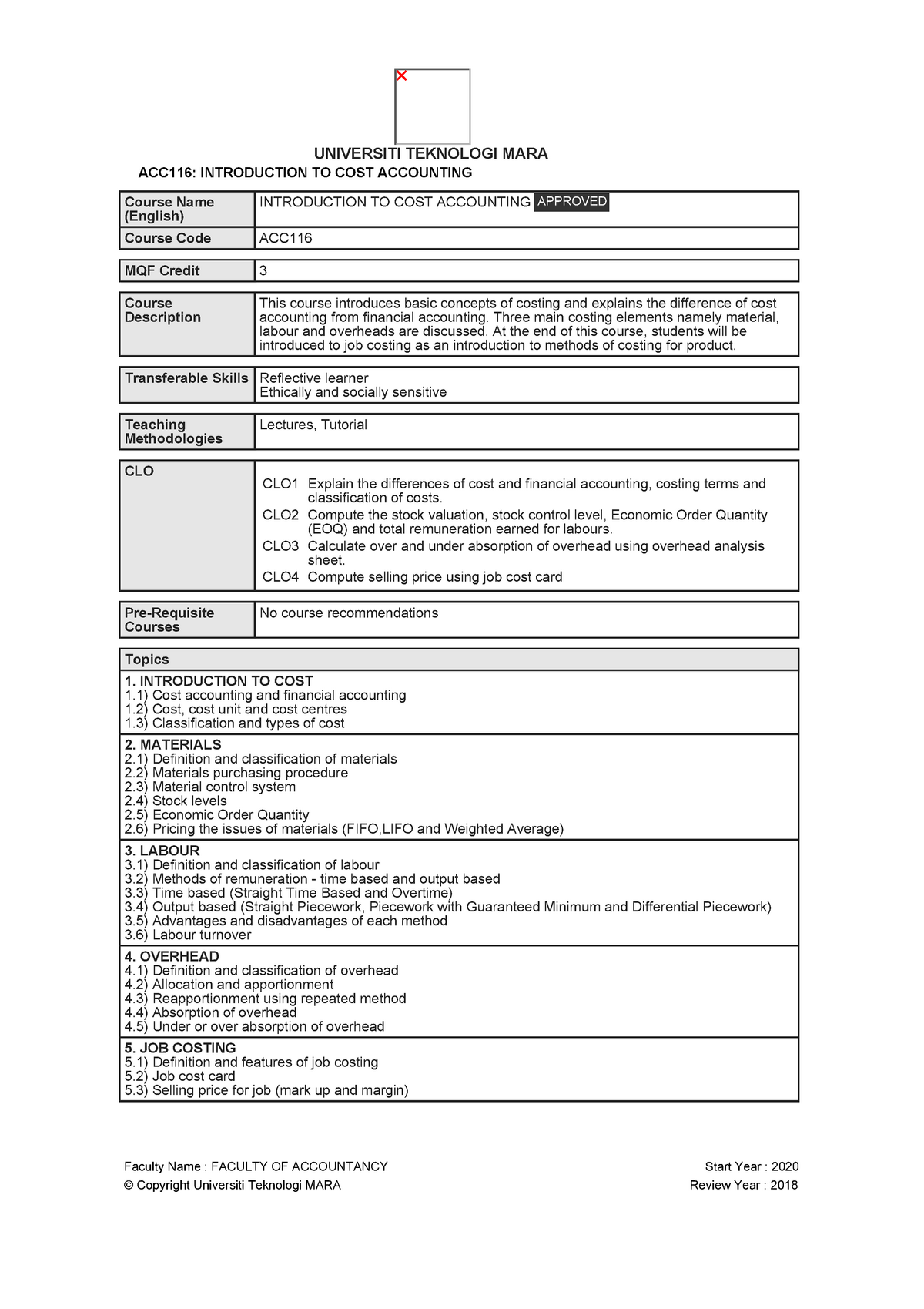 Course Introduction TO COST Accounting - UiTM - Studocu