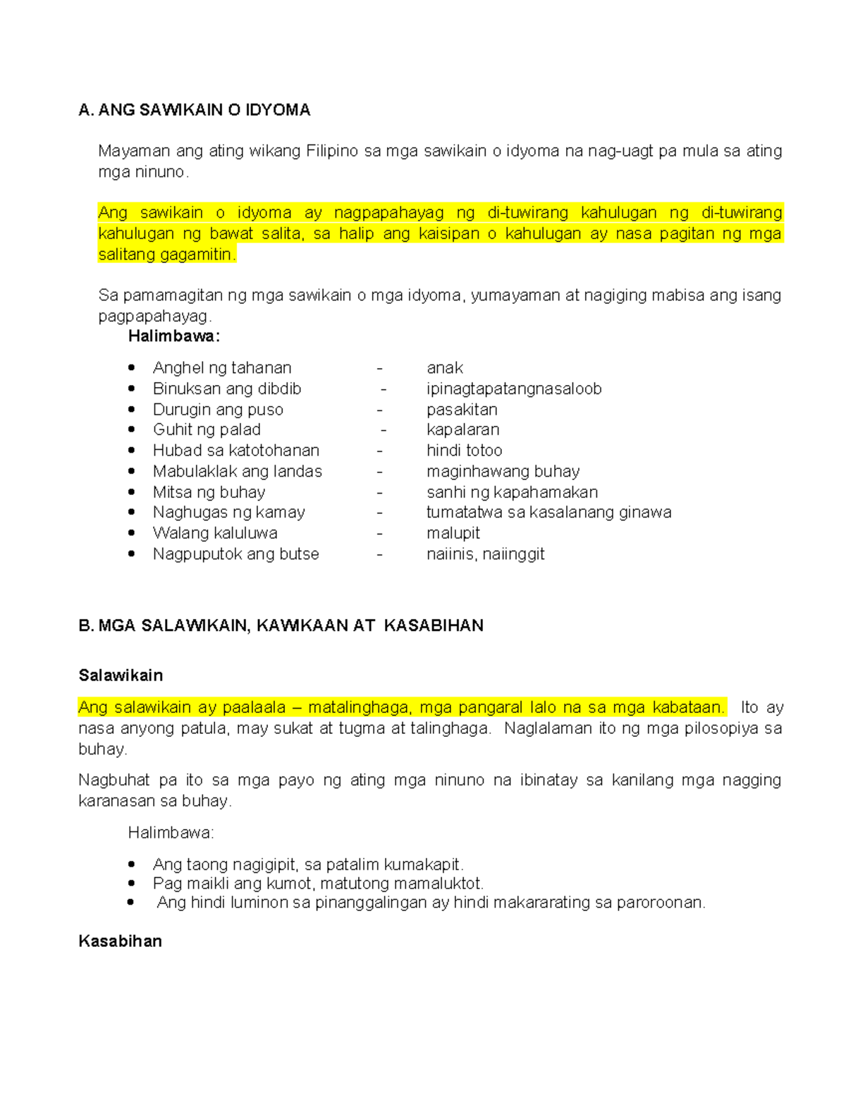 Sawikain O Idyoma Hand out 2 - A. ANG SAWIKAIN O IDYOMA Mayaman ang ...