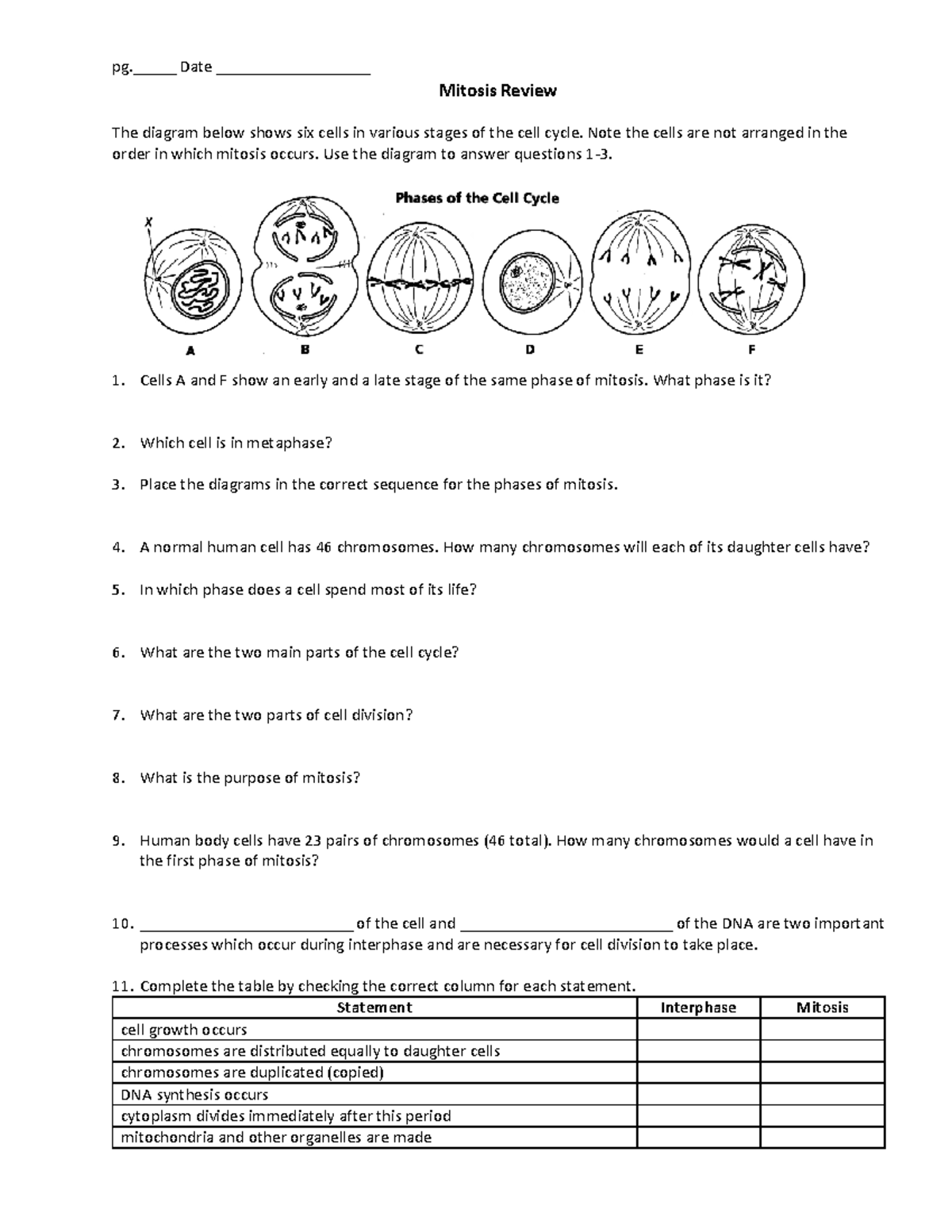 Mitosis Review packet - pg._____ Date __________________ Mitosis Review ...