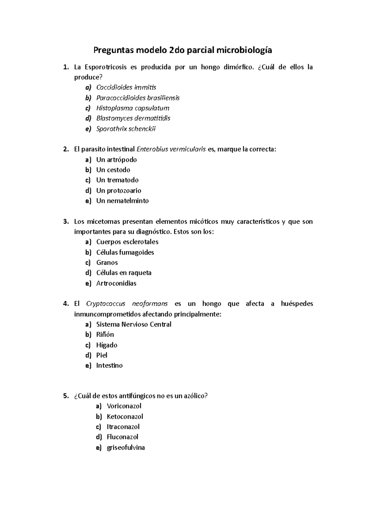 Microbiología Parcial Parásitos Y Hongos - Preguntas Modelo 2do Parcial ...