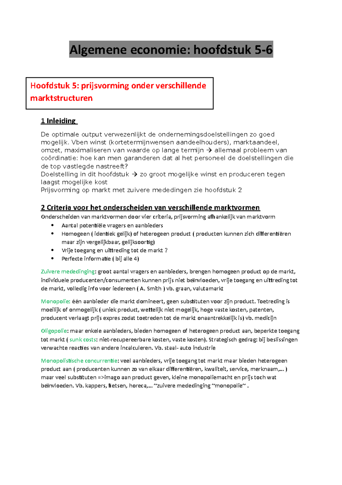 Alg Economie Samenvatting H5-6 - Algemene Economie: Hoofdstuk 5- 1 ...