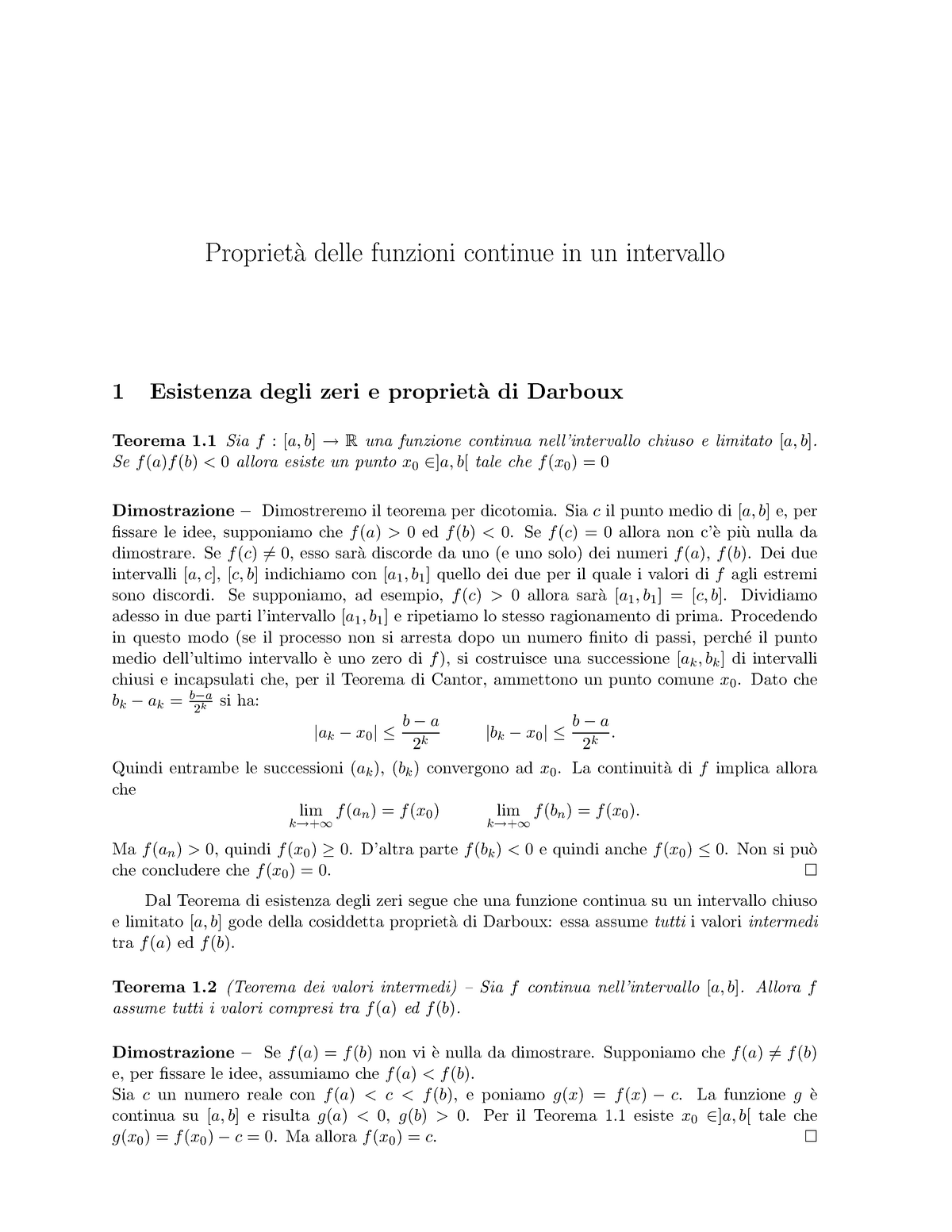 Appunti Su Proprietà Delle Funzioni Continue In Un Intervallo Analisi Matematica 2 Aa 2011 9072