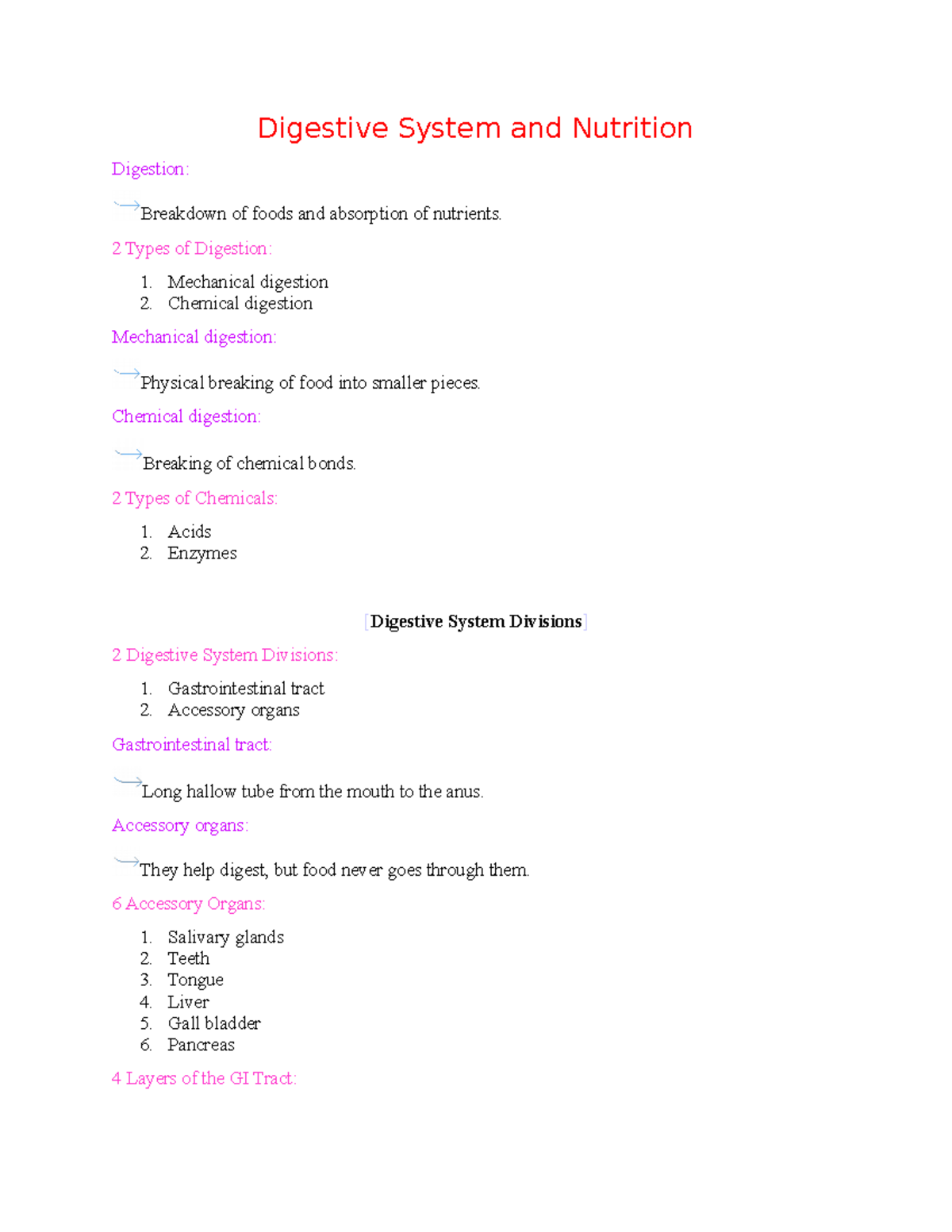 Digestive System Notes (class year: fall of 2021) - Digestive System ...