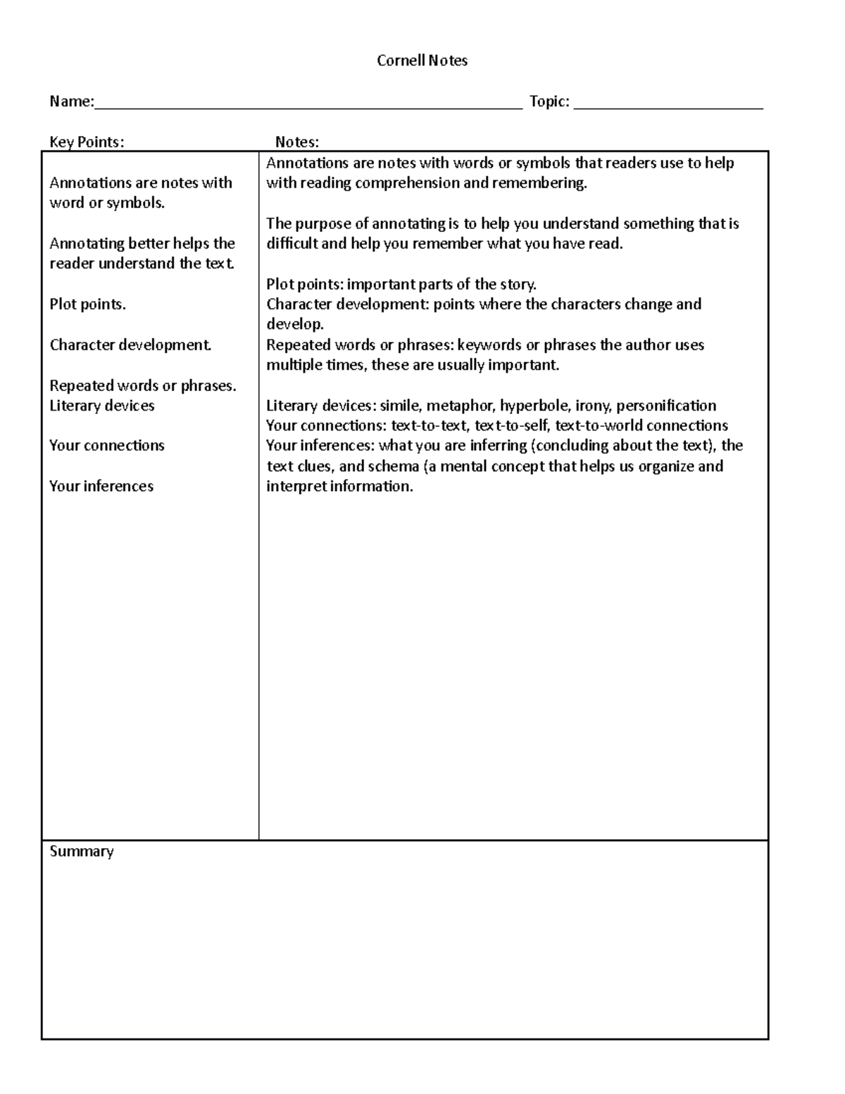 Cornell Notes annotation - Cornell Notes Name