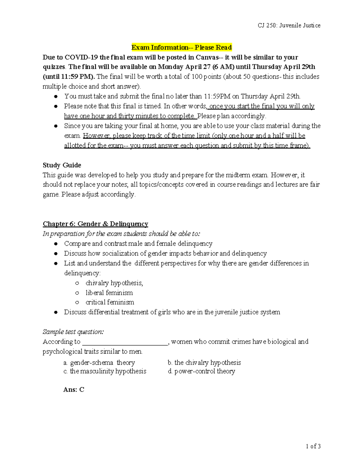 Final Study Guide - CJ 250: Juvenile Justice Exam Information- Please ...