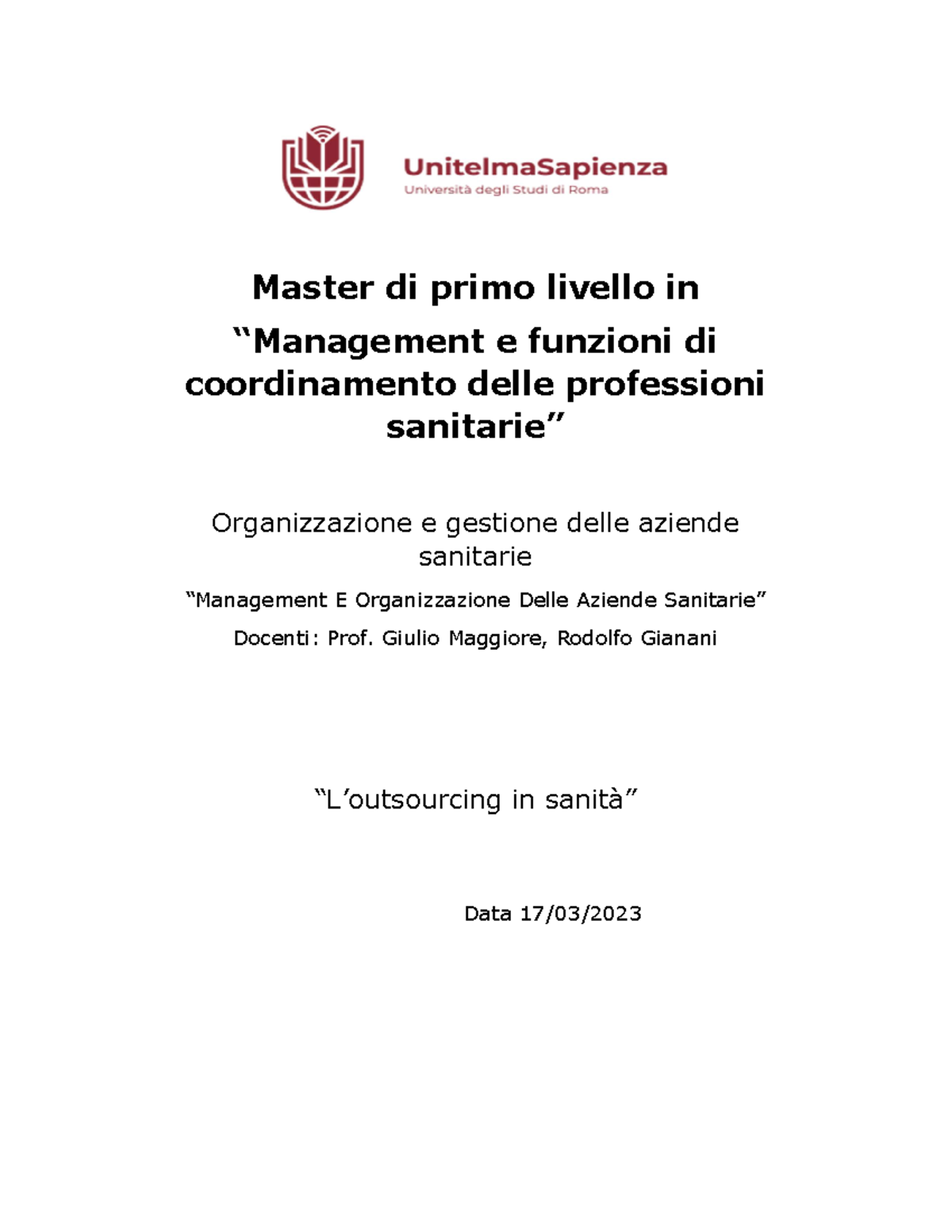 Outosurcing In Sanità - Modulo 1 "Management E Funzioni Di ...