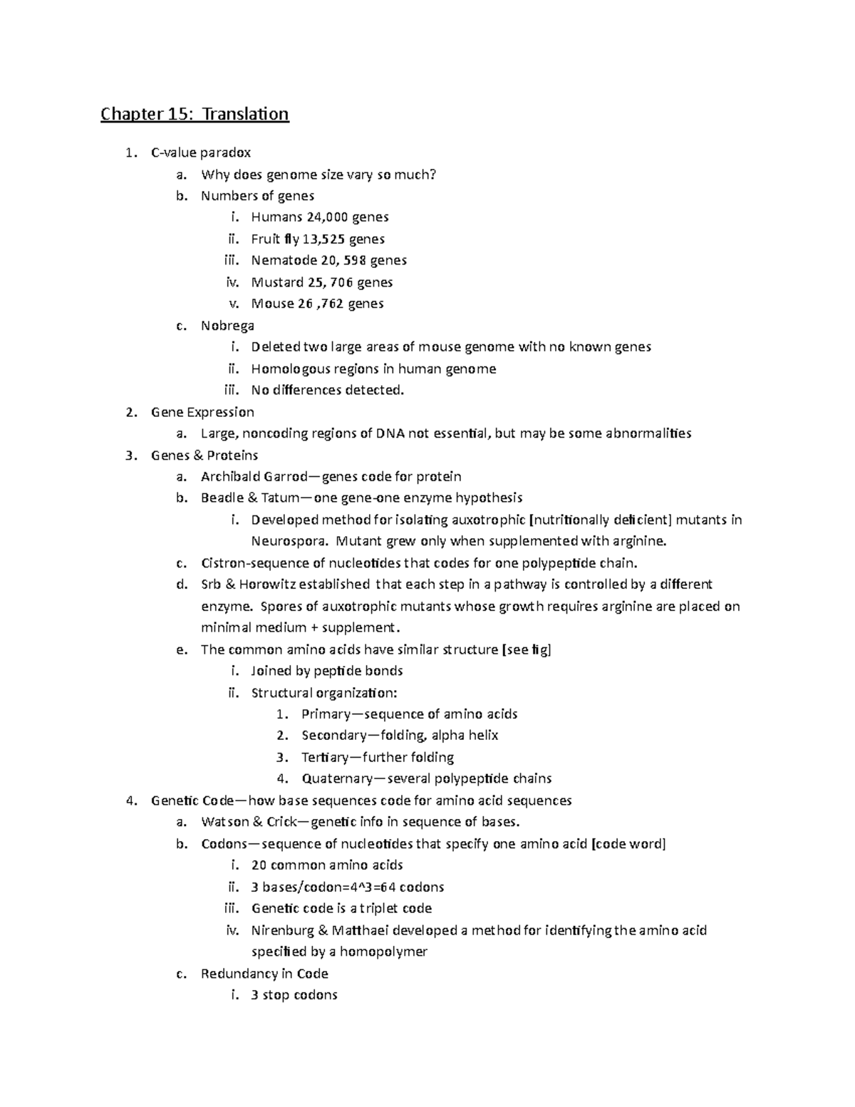 Genetics Notes Exam 3 Chapter 15 21 - Chapter 15: Translation C-value ...