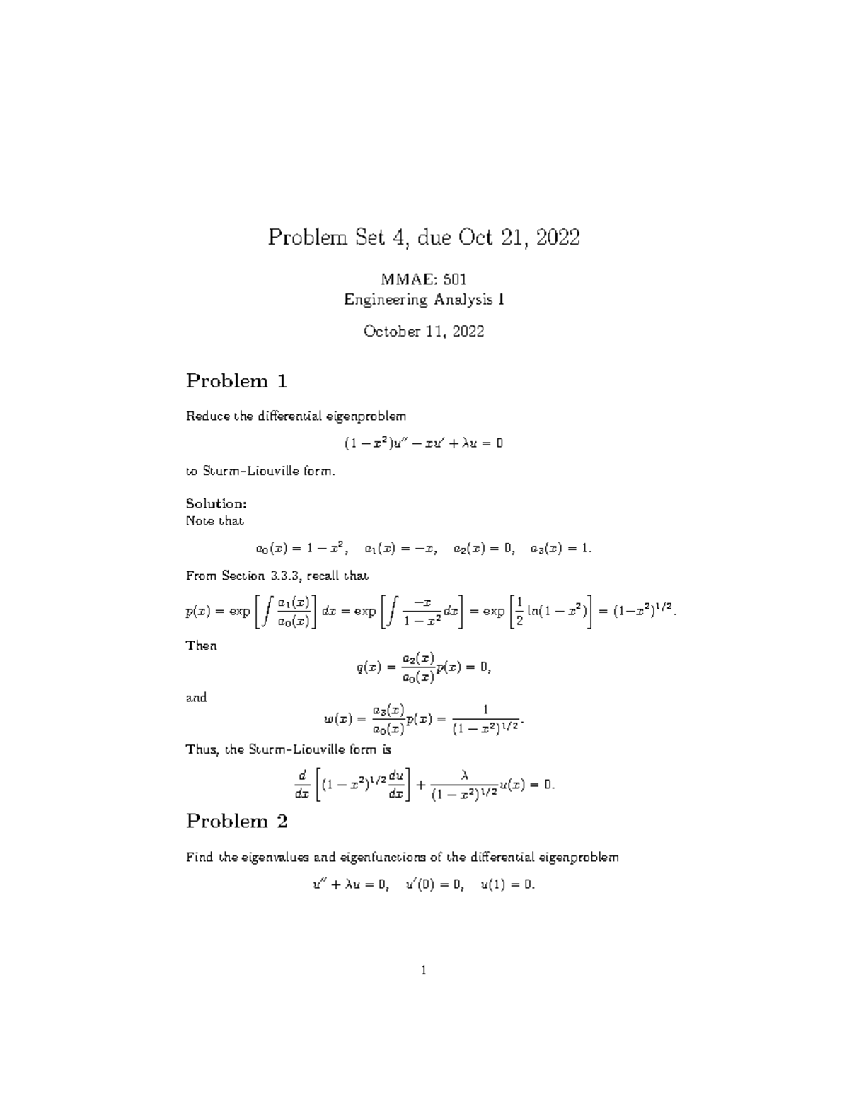 Problem Set 4 Solutions - Problem Set 4, Due Oct 21, 2022 MMAE: 501 ...