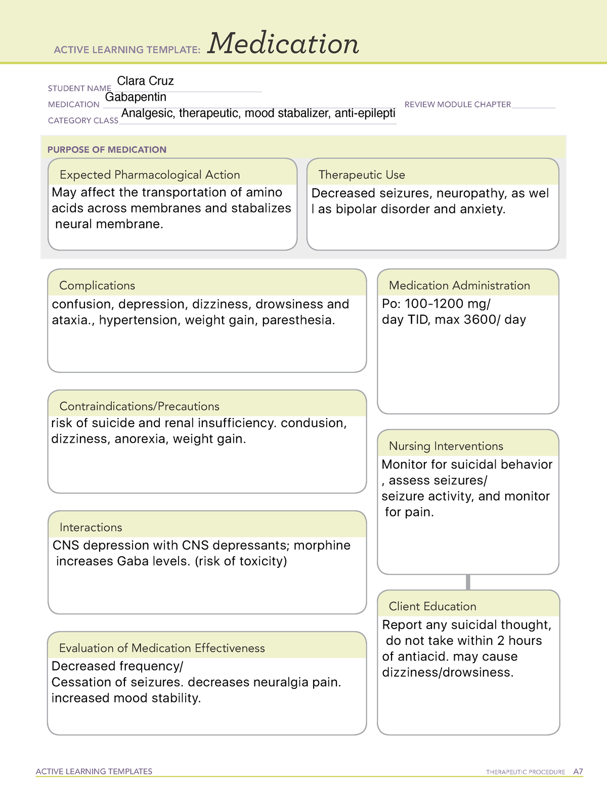 Med card Gabapentin ACTIVE LEARNING TEMPLATES THERAPEUTIC PROCEDURE A