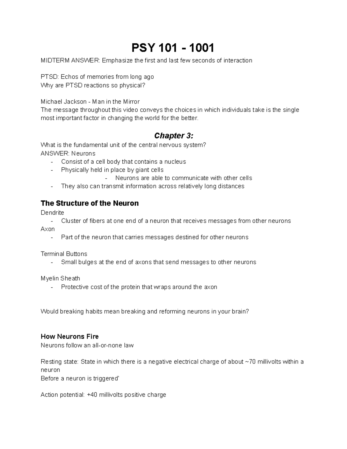 PSY 101 With Dr. Hinitz Notes - Fall 2022 - PSY 101 - 1001 MIDTERM ...