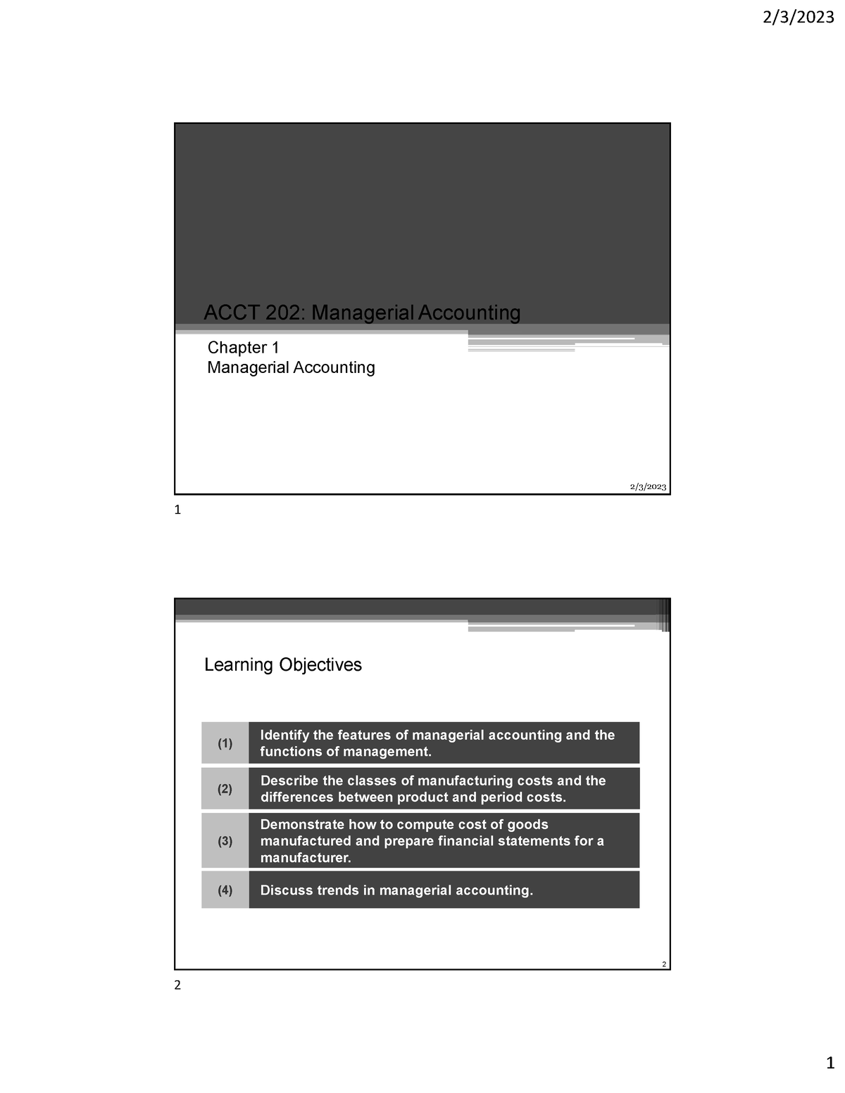 Chapter 1 - Slides - ACCT 202: Managerial Accounting Chapter 1 ...