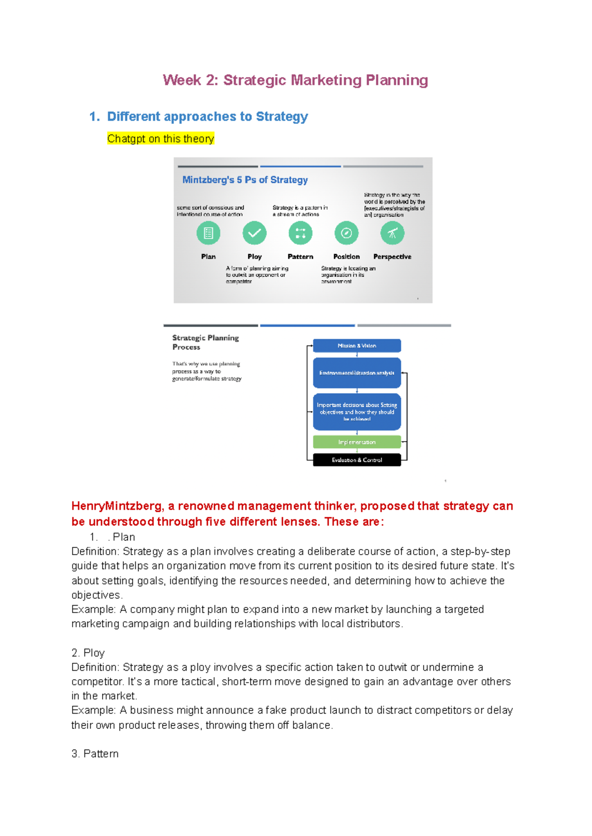 Lecture 2 Notes summarised - Week 2: Strategic Marketing Planning 1 ...