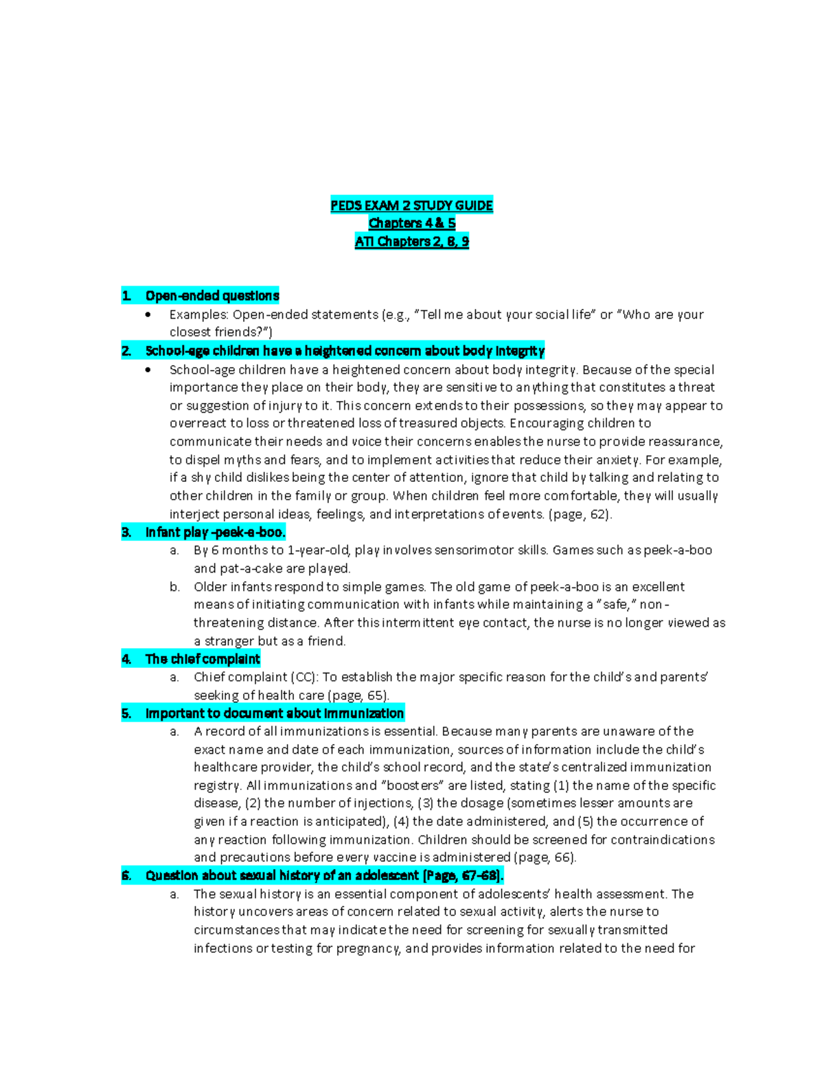 PEDS EXAM 2 Guide - ..... - PEDS EXAM 2 STUDY GUIDE Chapters 4 & 5 ATI ...