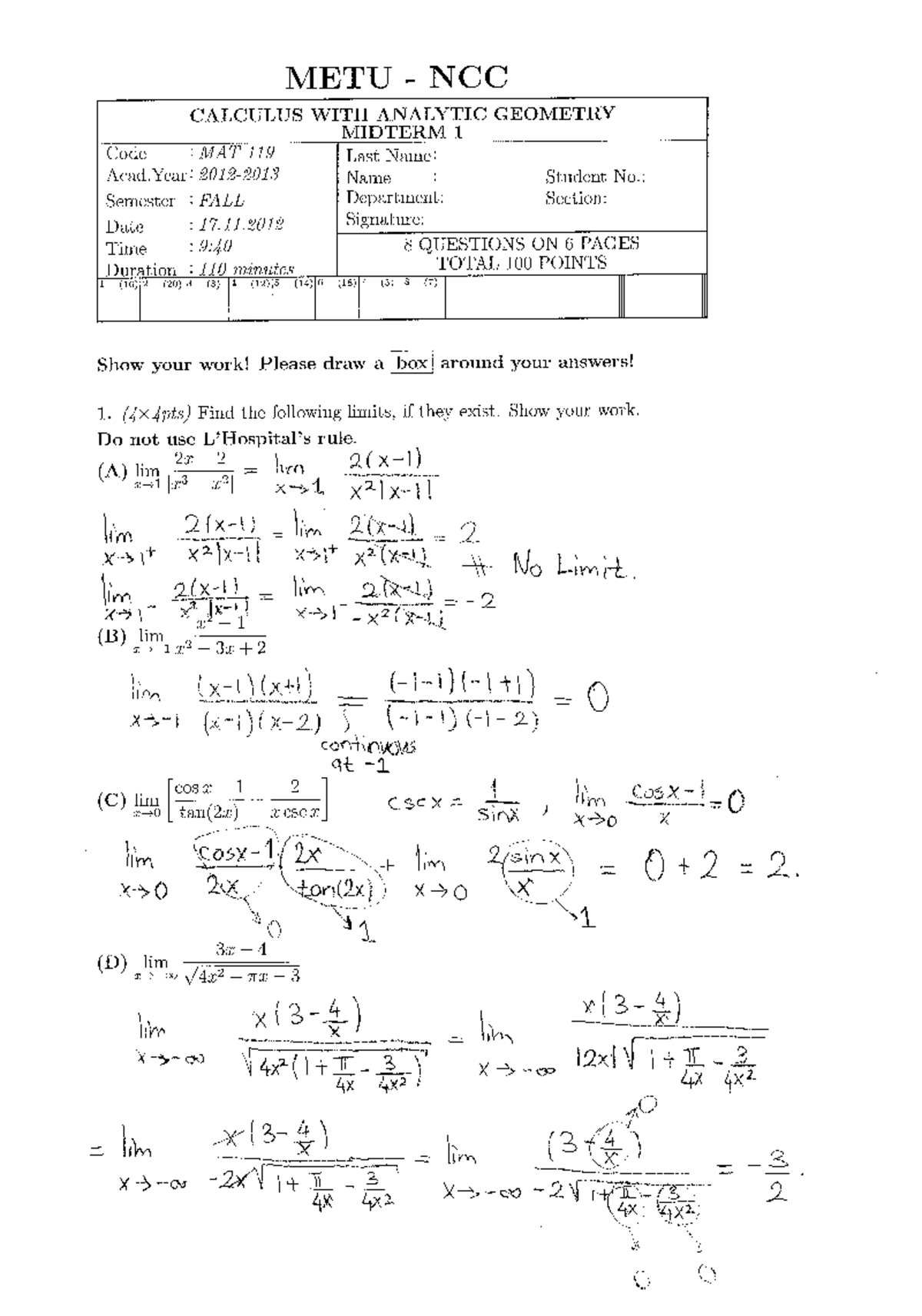 Midterm 1 12-13 Fall - Calculus I - Studocu