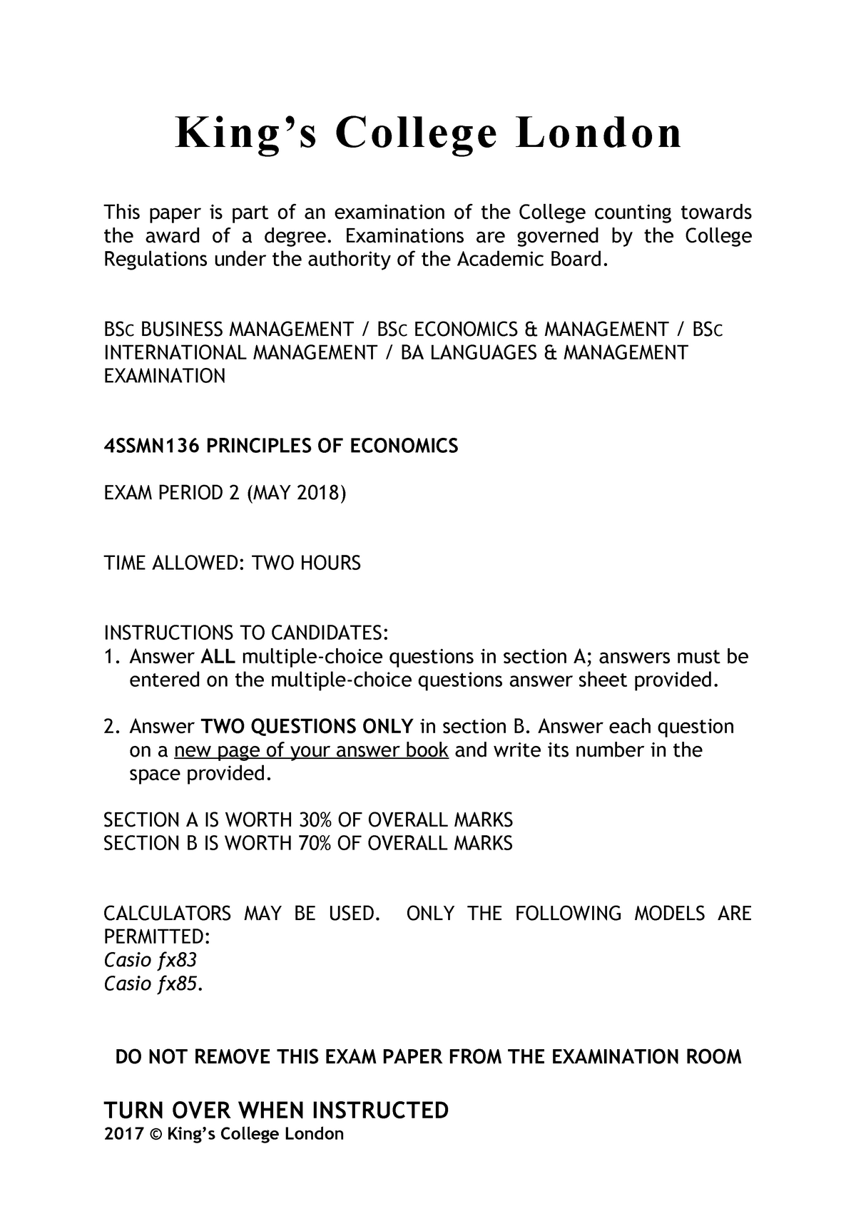 Exam May 2017, Questions - King’s College London This Paper Is Part Of ...