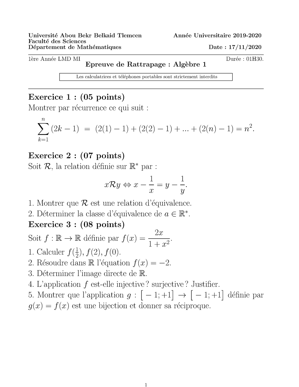 Examen 4 Algèbre 1 MI-L1 Tlemcen - Universit ́e Abou Bekr Belkaid ...