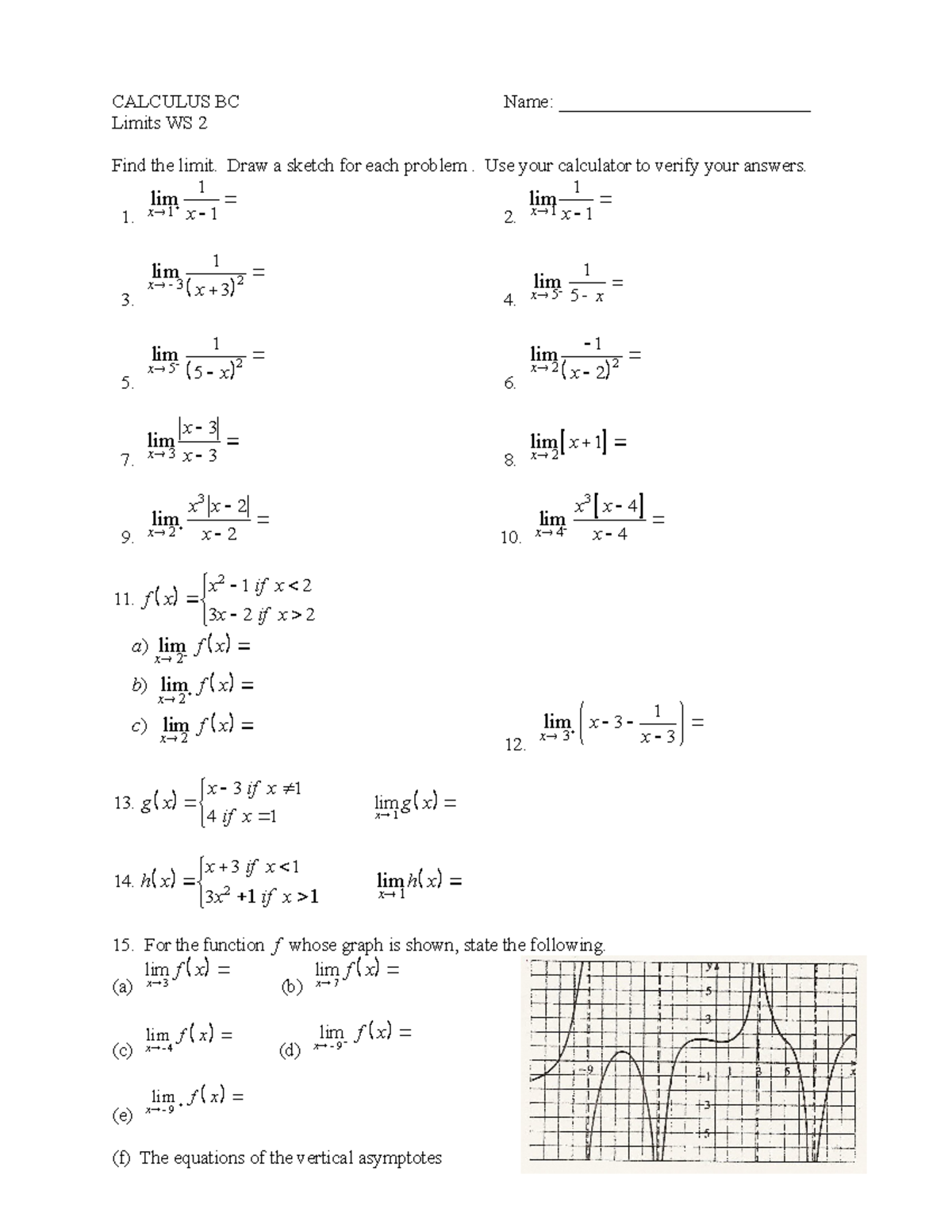 3 Limits WS 2 - worksheet - CALCULUS BC Name ...