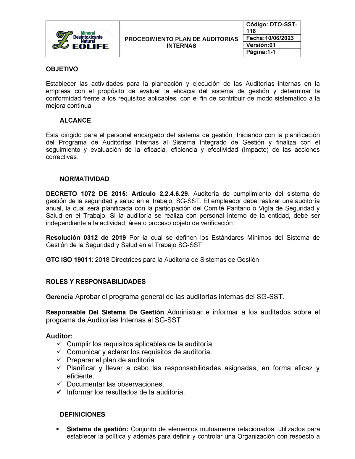 Procedimiento Auditoria Interna Procedimiento Plan De Auditorias Internas 118 Fecha1006 4041