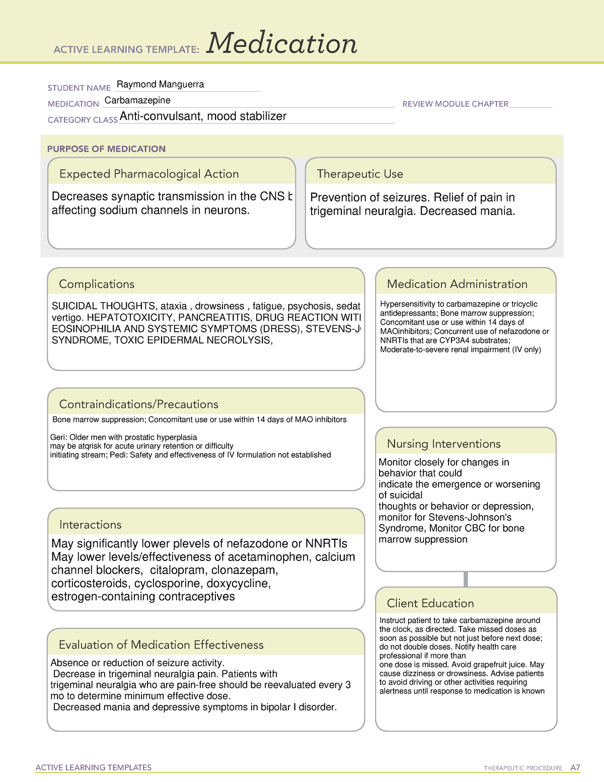 Carbamazepine ATI Template ACTIVE LEARNING TEMPLATES TherapeuTic