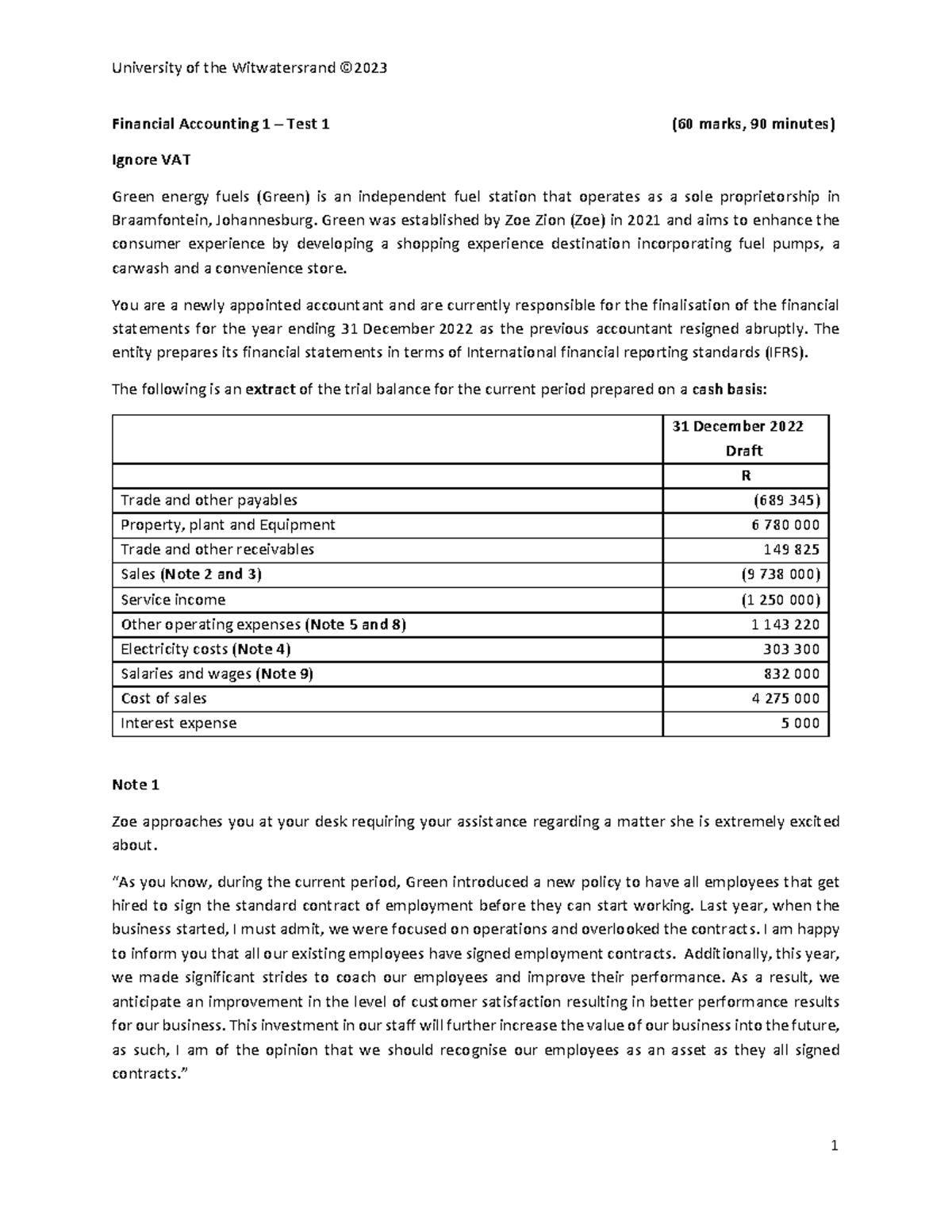 Fin Acc 1 - Test 1 - 2023 - Financial Accounting 1 – Test 1 (60 marks ...
