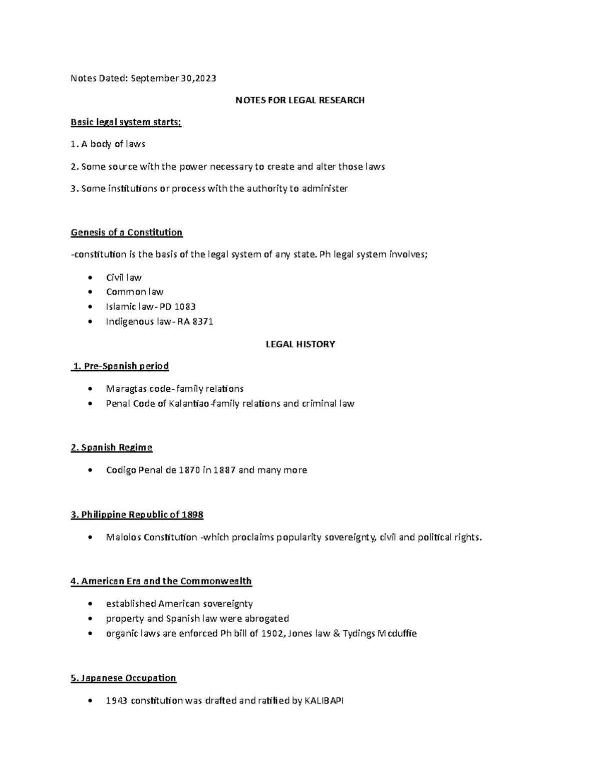 LRTW- Notes - Notes Dated: September 30, NOTES FOR LEGAL RESEARCH Basic ...