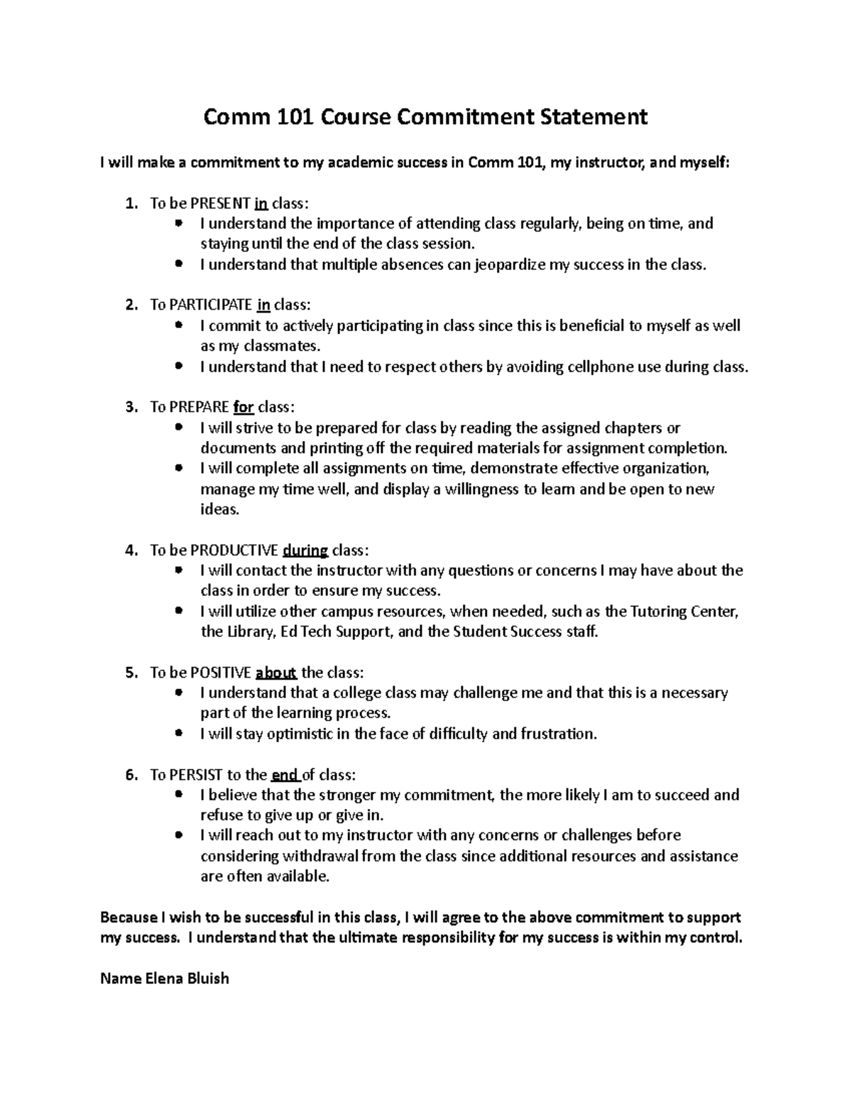 Comm 101 Course Commitment Statement - Comm 101 Course Commitment ...