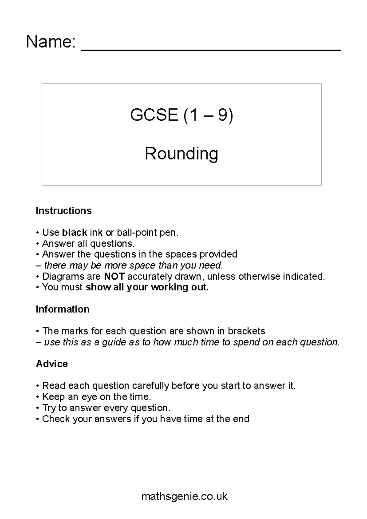 1-rounding - exam qs - GCSE (1 – 9) Rounding Name ...
