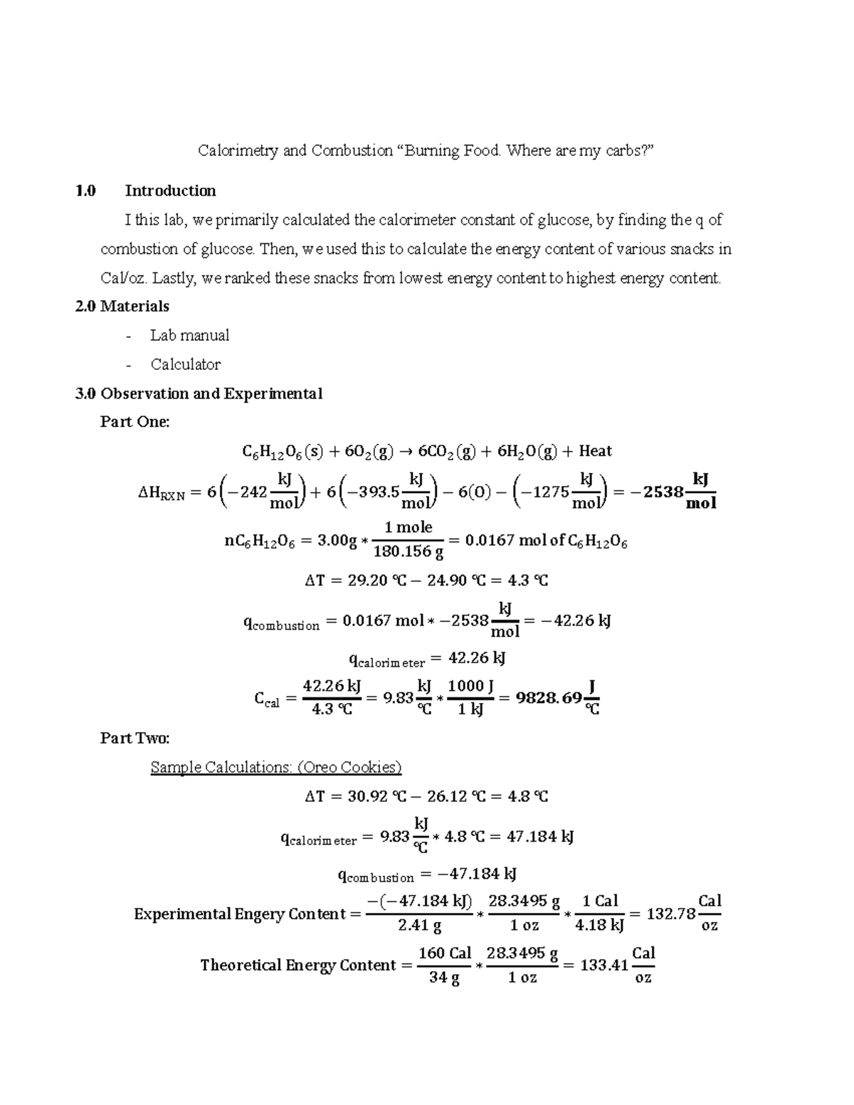 Lab Report 18 Calorimetry And Bustion Burning Food Where Are My Carbs Studocu