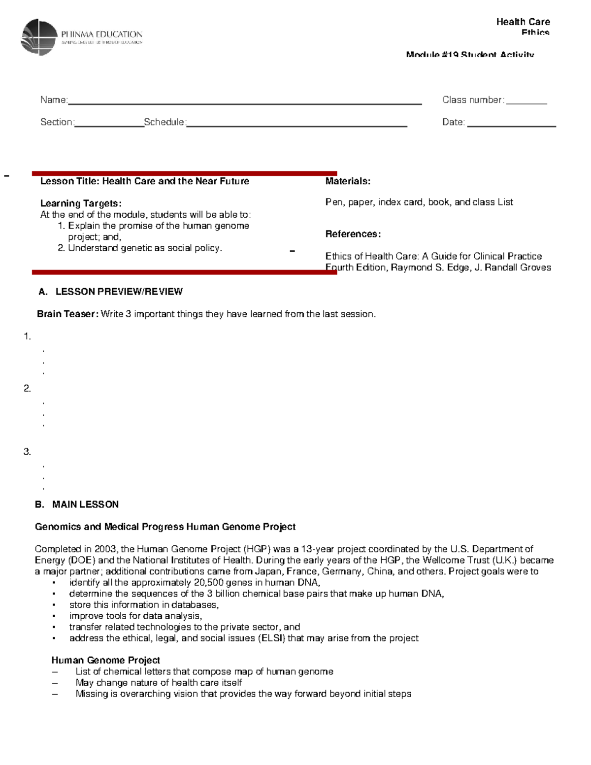 SAS19 Bioethics - Ethics (Bioethics) Module #19 Student Activity Sheet ...