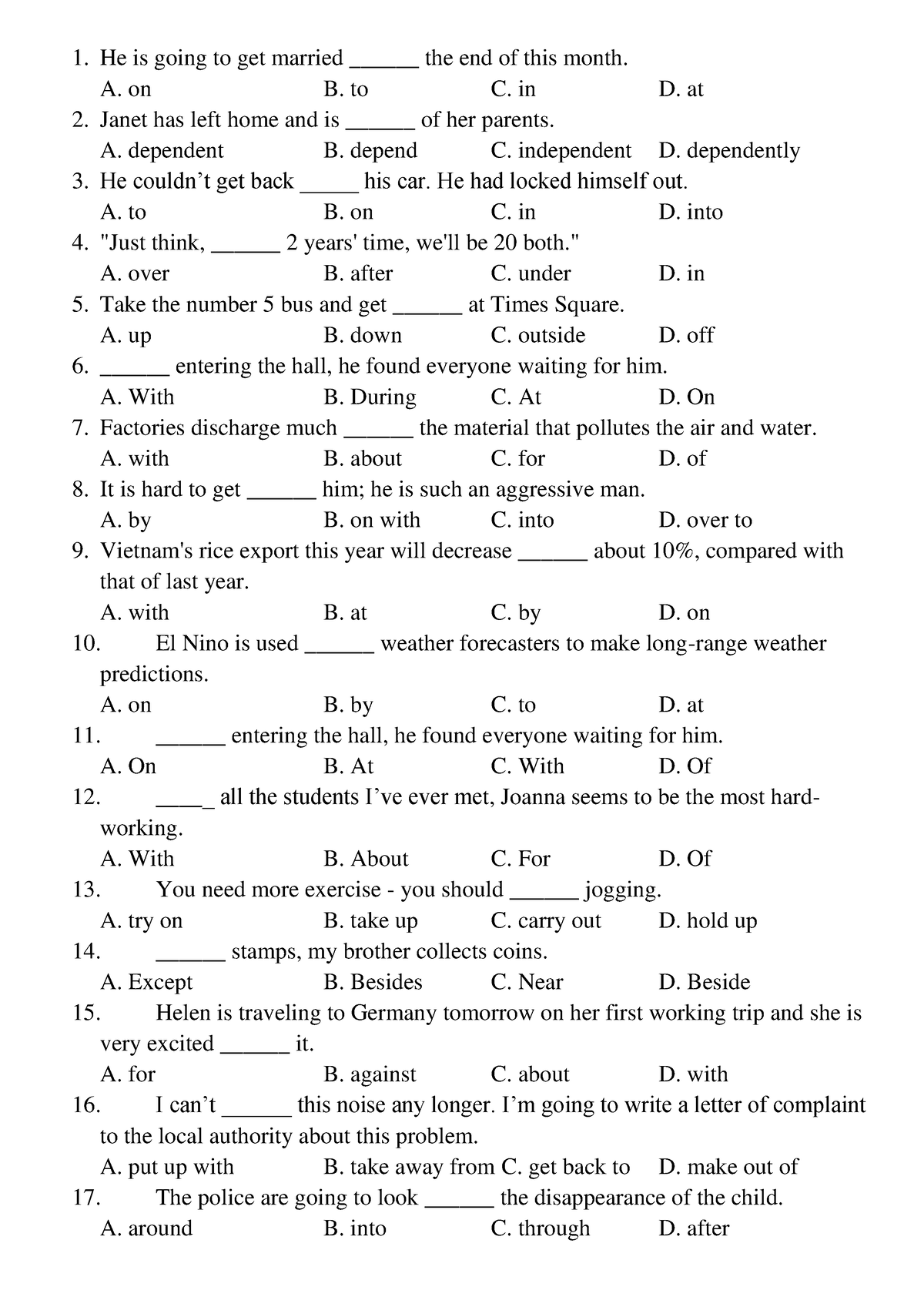 Preposition - Pre-intermediate Achievement test 4 (Units 1 - He is ...