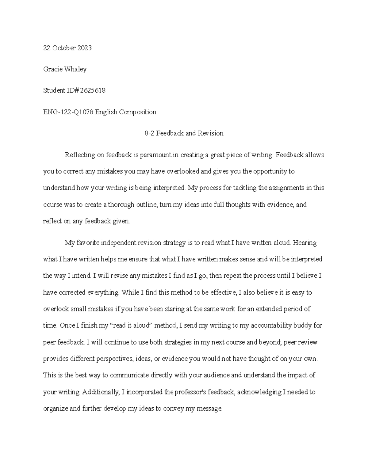 8-2 Feedback and Revision Reflection - 22 October 2023 Gracie Whaley ...